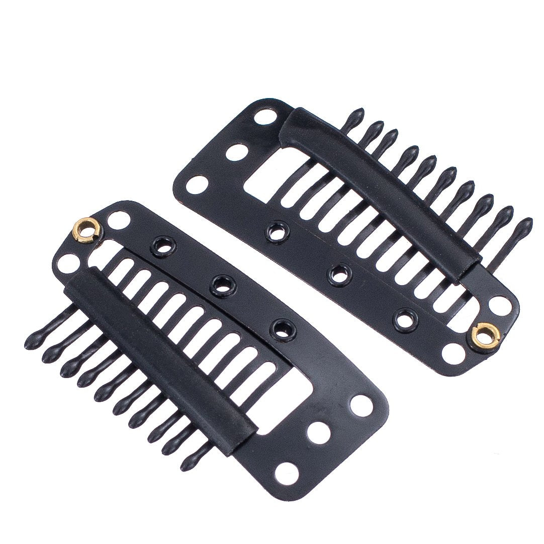 Black, 10-Teeth 9 holes : SWACC 100 Pcs U Shape Metailic Snap Clips ins for Hair Extension Hairpiece DIY Snap-Comb Wig Clips with Rubber (Black, 10-Teeth 9 holes)