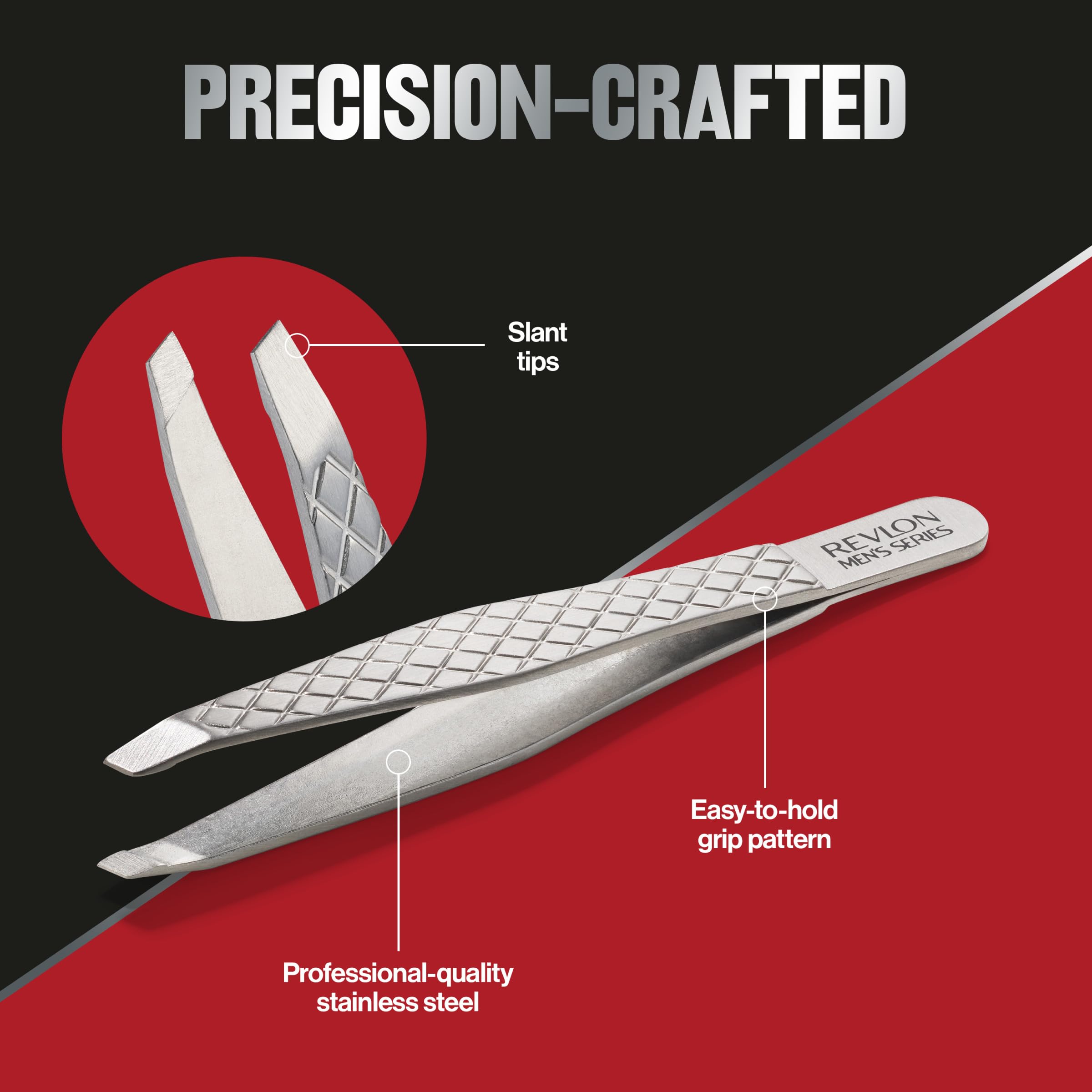 Revlon Slanted Tip Tweezers for Men, Ultra-Sharp for Precision Eyebrow Shaping and Facial Hair Removal, Larger Non-Slip Grip, Stainless Steel, 1 count