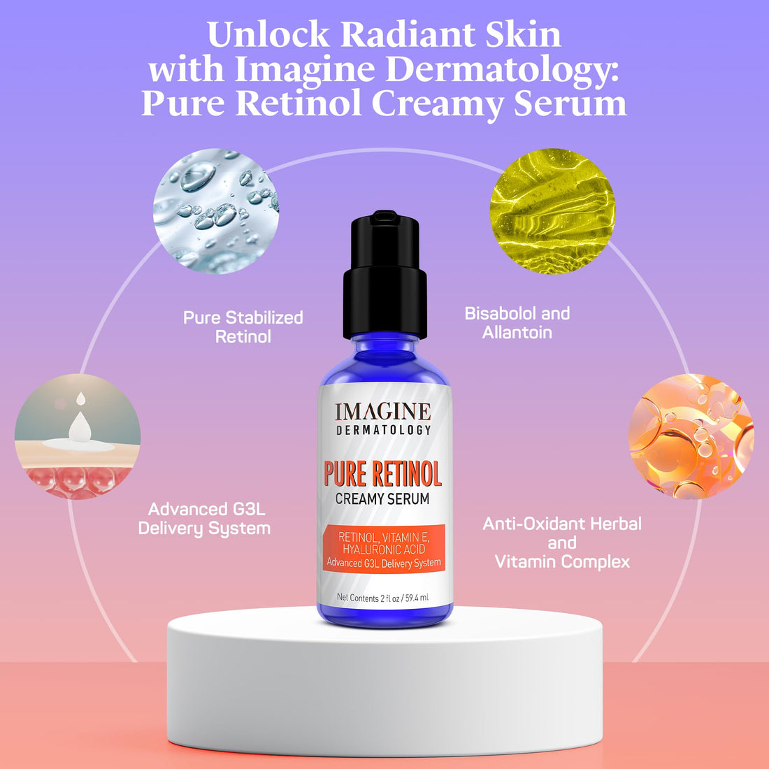 Pure Retinol Creamy Serum LARGE 2oz with Hyaluronic Acid and Vitamin E | Pure Retinol Serum For Face - Unmatched G3L Delivery System - Moisturizer | Serum | Retinol | Made in USA - 2 fl oz/59.4 ml