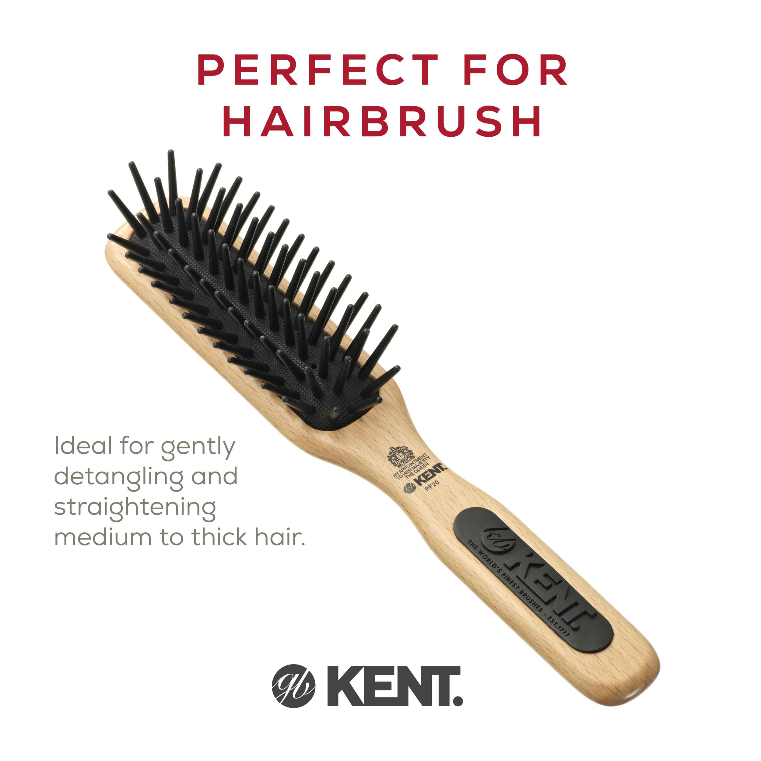 Kent PF20 Narrow Cushion Paddle Brush - Taming Fat Pins, Detangling Long Thick and Curly Hair, Scalp Massager and Growth Stimulator for All Hair Types, Made in England