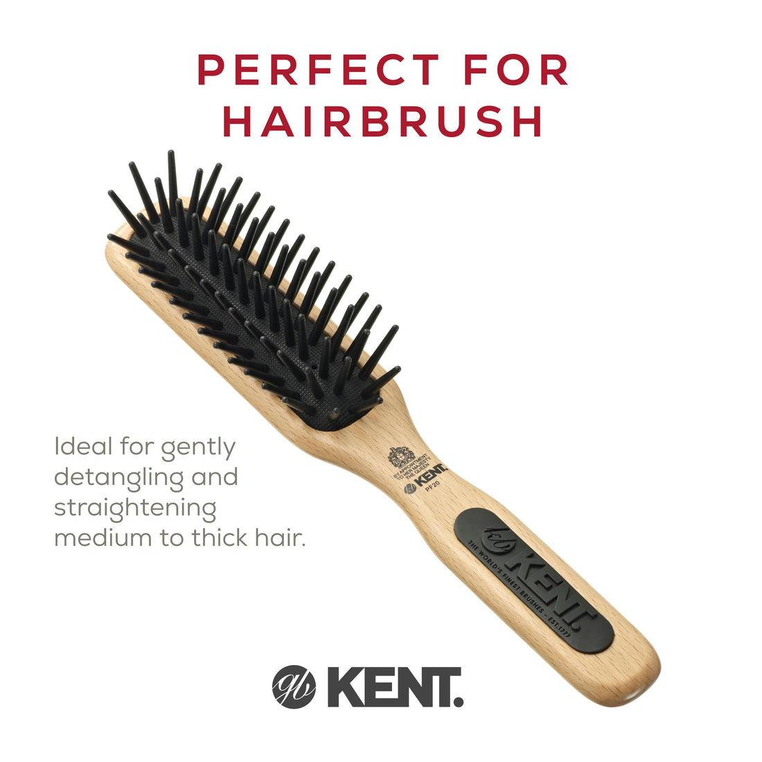 Kent PF20 Narrow Cushion Paddle Brush - Taming Fat Pins, Detangling Long Thick and Curly Hair, Scalp Massager and Growth Stimulator for All Hair Types, Made in England