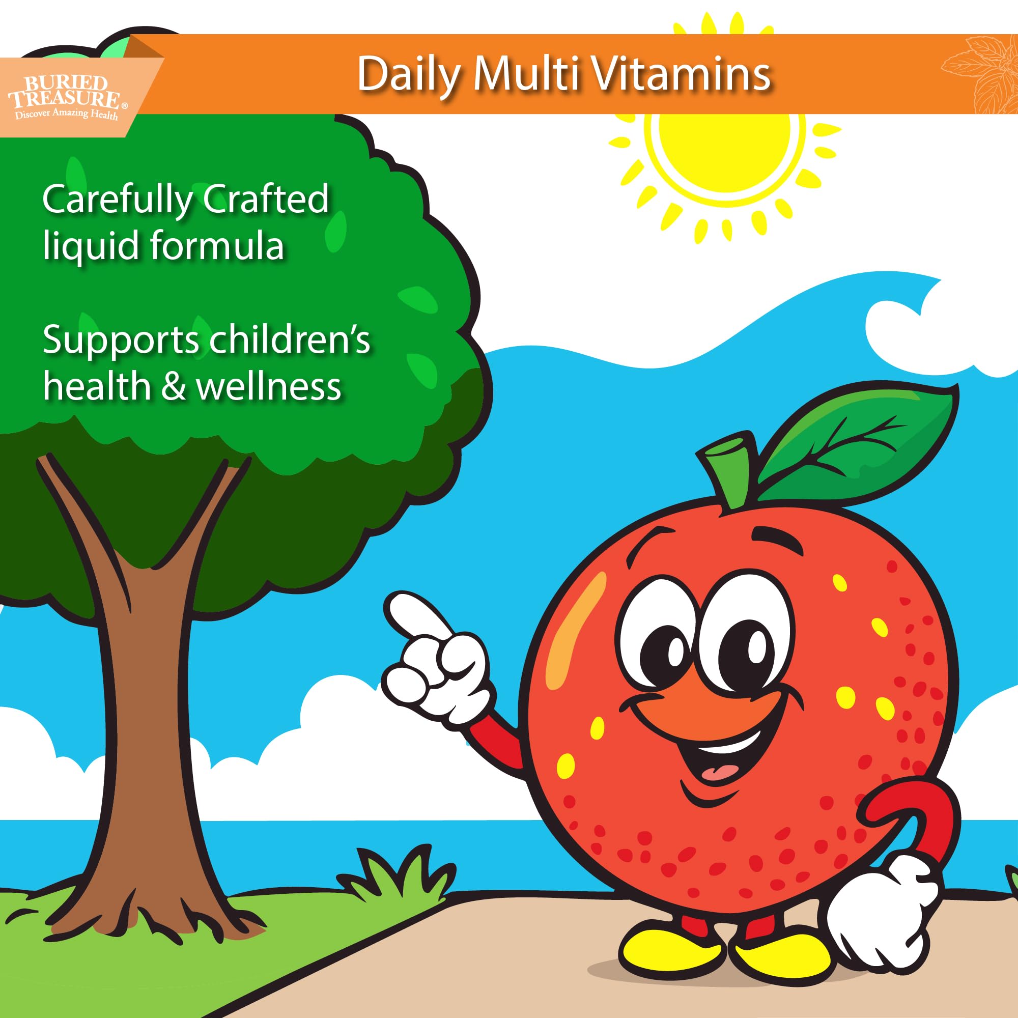 Buried Treasure Children’s Daily Liquid Multivitamin - 16 oz, 16 servings, Orange Mango Flavor, Supports Kids with Essential Nutrients & Minerals