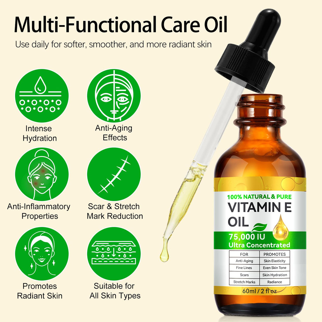 ISUNRISE Vitamin E Oil, 75000 IU Ultra Concentrated, 100% Natural Body Oil Moisturizing Dry Skin, Pure Vitamin E Oil for Skin, Scars, Face, Hair, Nails, Hexane-Free, Non-GMO, 2 Fl Oz