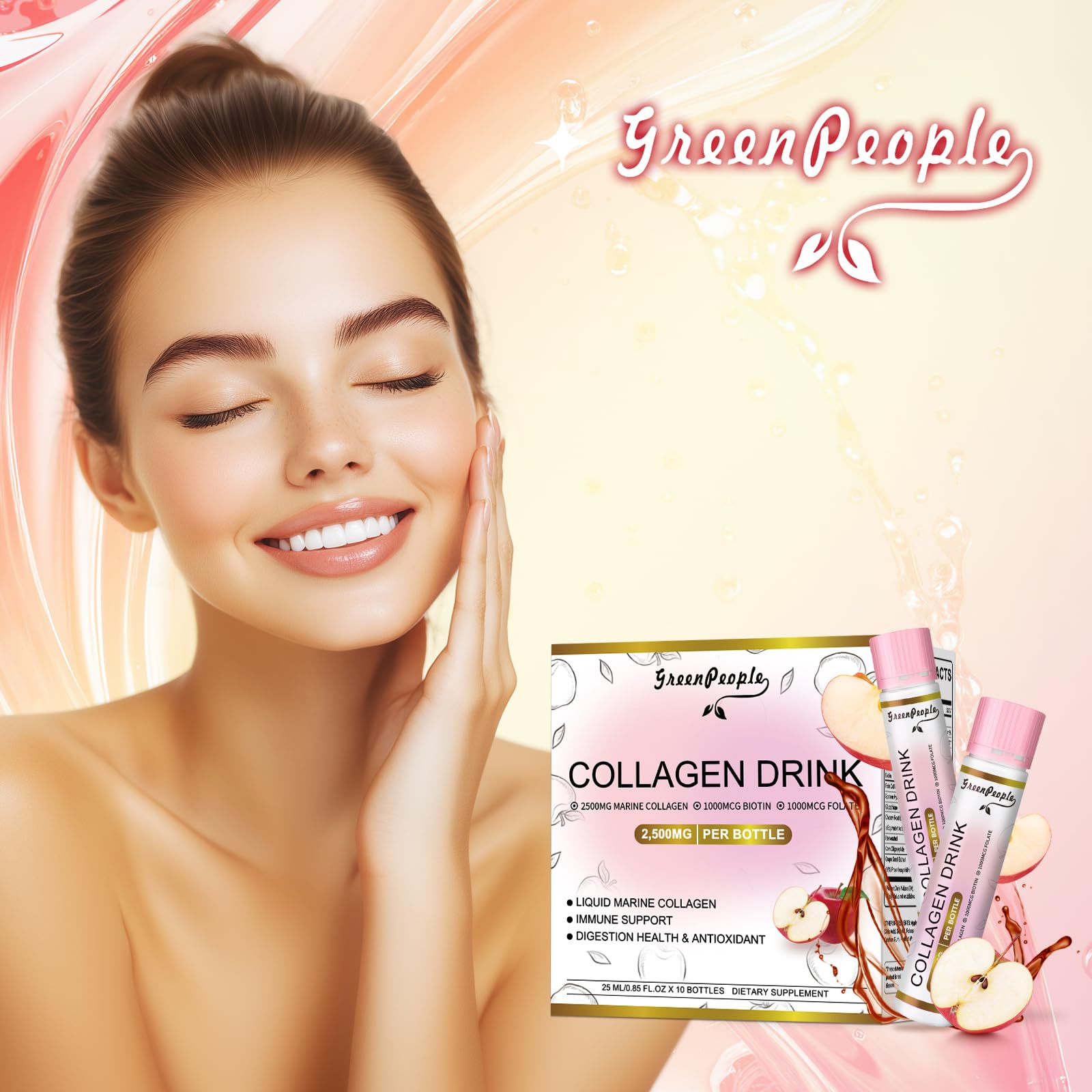 GREENPEOPLE Liquid Collagen for Women & Men, Fish Collagen Peptides + Hyaluronic Acid + Vitamin Bs & C, Hair Skin Nails Joints Bones Support (0.85 fl oz, 10 Bottles, Apple)