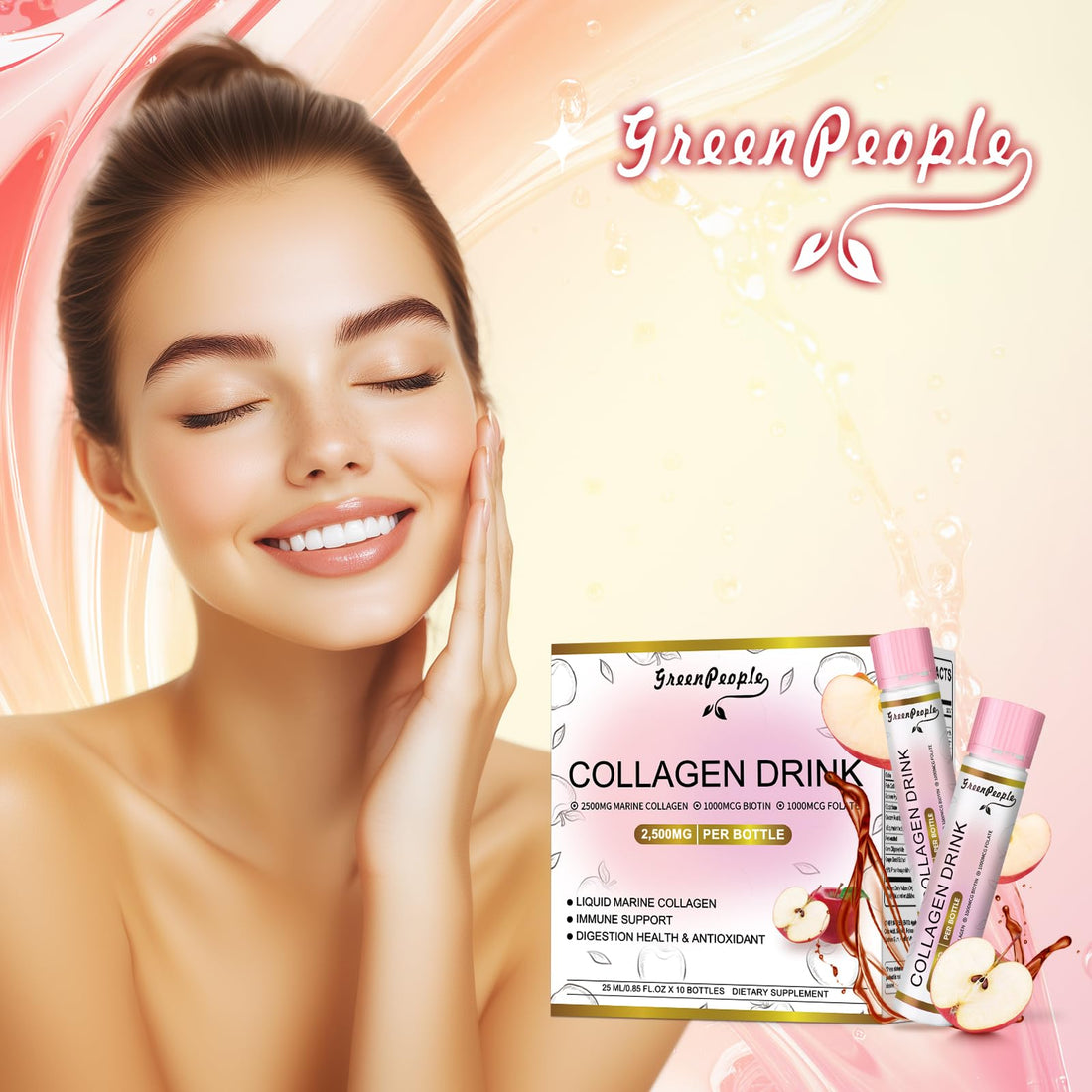 GREENPEOPLE Liquid Collagen for Women & Men, Fish Collagen Peptides + Hyaluronic Acid + Vitamin Bs & C, Hair Skin Nails Joints Bones Support (0.85 fl oz, 10 Bottles, Apple)