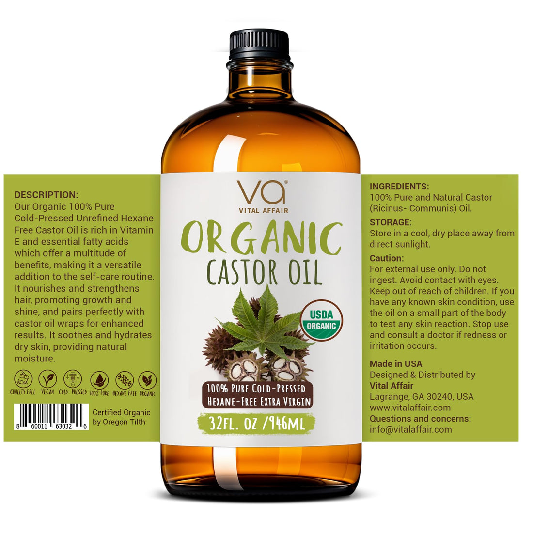 Pure Organic Castor Oil 32oz – Cold Pressed, Unrefined, USDA Organic – Glass Bottle for Hair Growth, Eyelashes, Eyebrows, Face & Castor Oil Packs