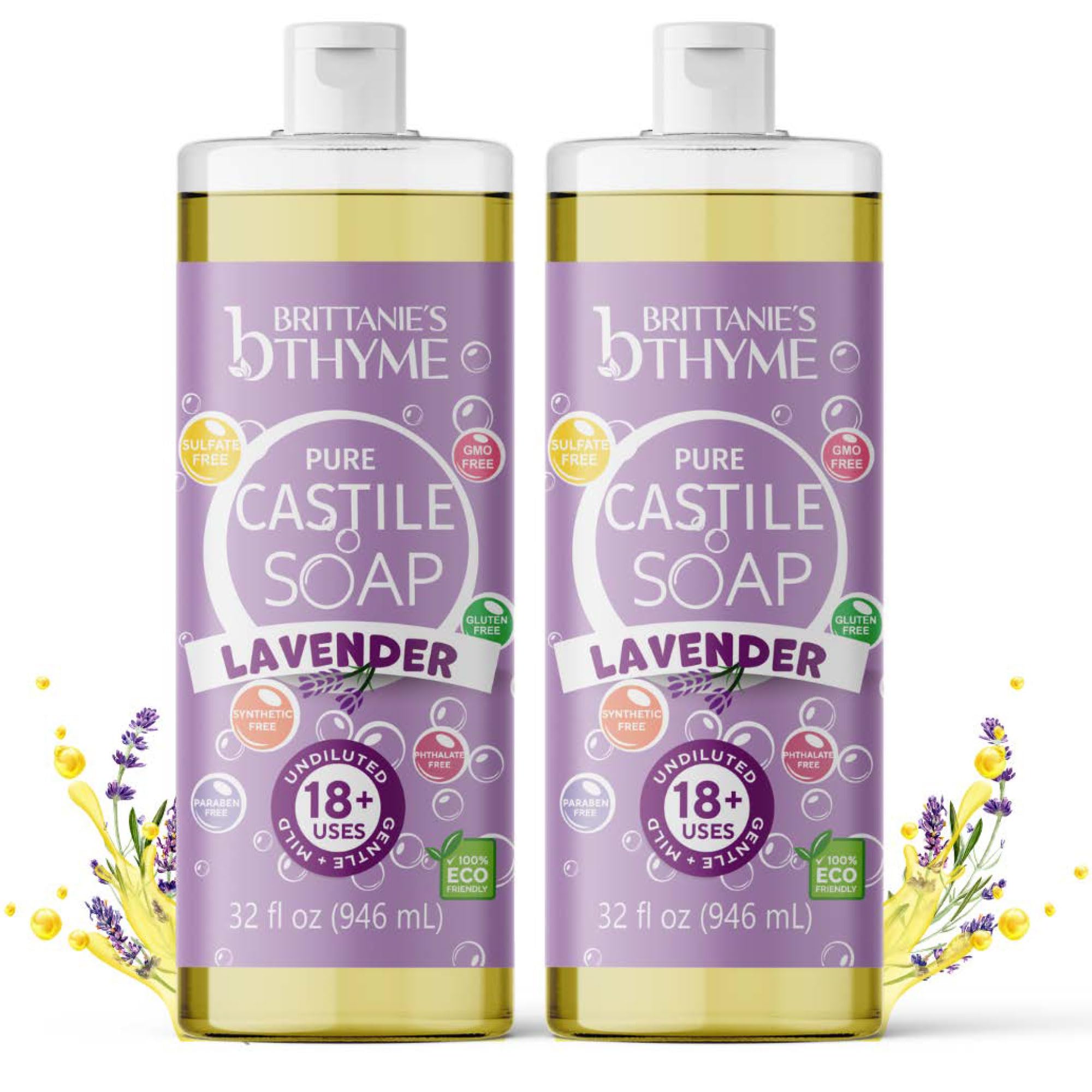 Brittanie's Thyme Pure Castile Liquid Soap Refill | For Hair & Body, Gentle and Pure, Made with Natural Luxurious Oils, Vegan & Gluten Free Non-GMO (Lavender, 32 oz (Pack of 2))