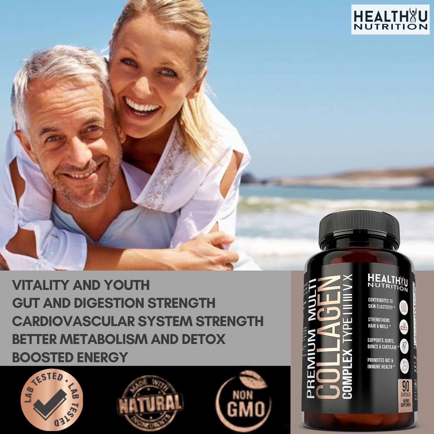 Premium Multi Collagen Peptides Pills - Hydrolyzed Collagen Capsules for Men and Women Types 1 2 3 5 10 - Radiant Skin Hair and Nails - Support to Bones Joints and Muscles - 90 Capsules