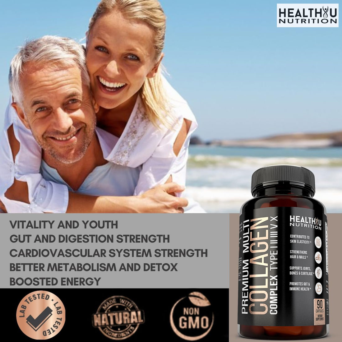 Premium Multi Collagen Peptides Pills - Hydrolyzed Collagen Capsules for Men and Women Types 1 2 3 5 10 - Radiant Skin Hair and Nails - Support to Bones Joints and Muscles - 90 Capsules