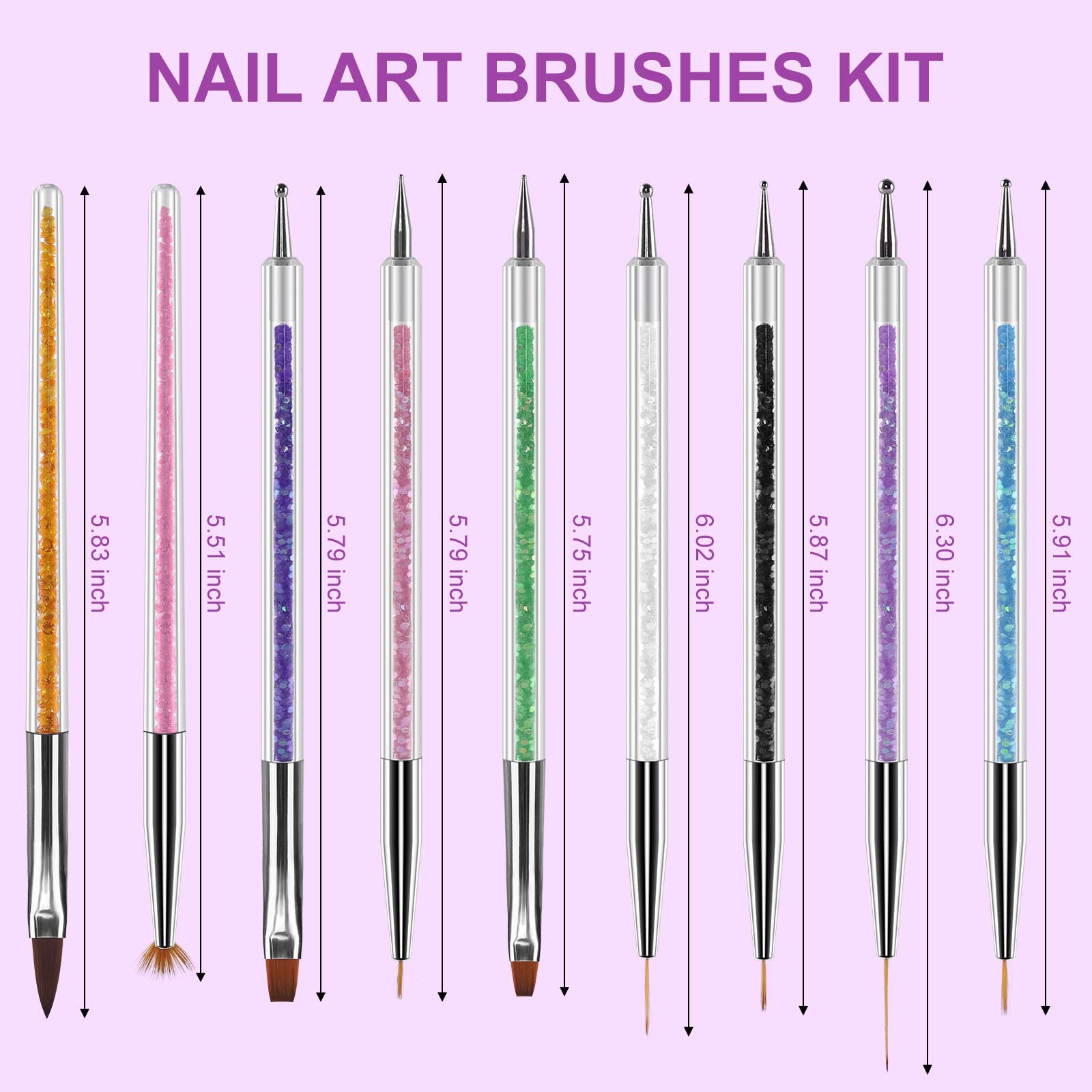 Artdone 9PC Nail Art Brushes Set - Liner Brush, Dotting Pen, Gel Polish Painting Tools For Nail Art Design