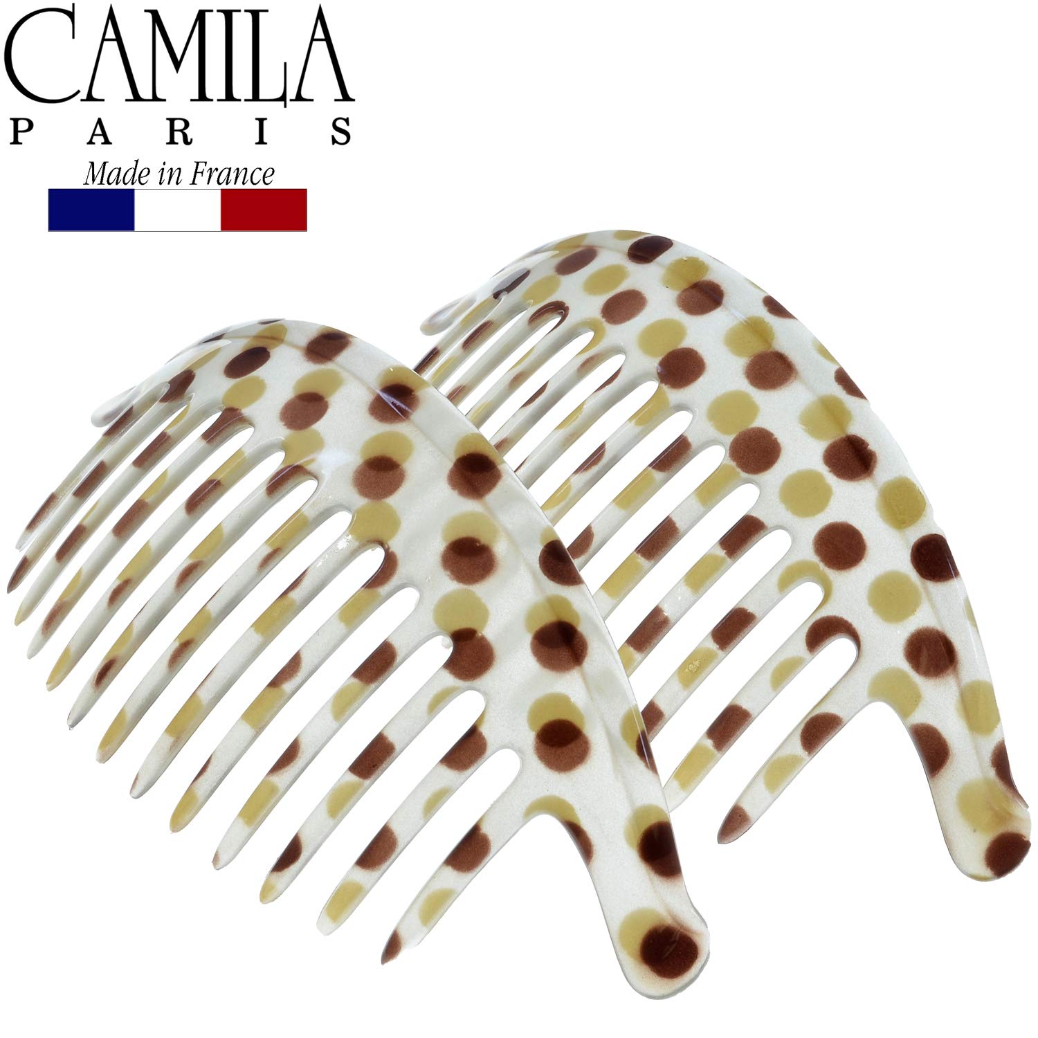 Camila Paris CP1248/2 Set of 2 French Hair Side Combs, Dots Large Interlocking Combs Flexible Durable Strong Hold Hair Clips for Women, No Slip Styling Girls Hair Accessories, Made in France