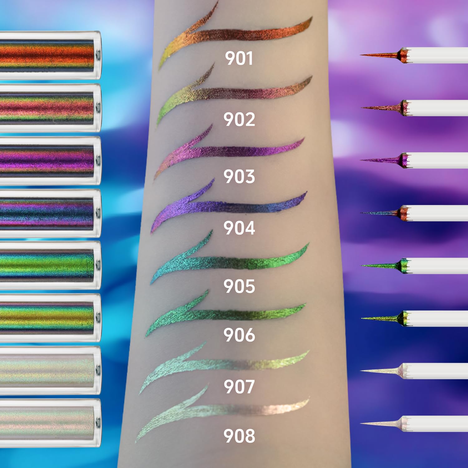 CHARMACY Chameleon Glitter Liquid Eyeliner, Metallic Shade Color Shift Eye Liner, Highly Pigmented, 24H Long-Lasting, Waterproof and Anti-Smudge, Ultra-Fine Tip, PURPLE GOLD INDIGO 904