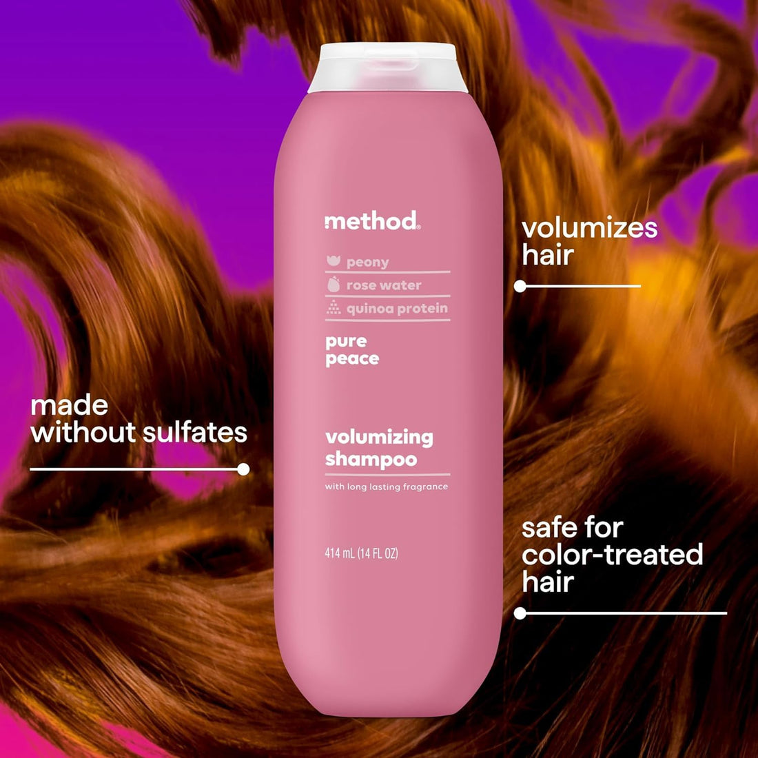 Method Volumizing Shampoo, Pure Peace with Rose, Peony, and Pink Sea Salt Scent Notes, Paraben and Sulfate Free, 14 oz (Pack of 3)