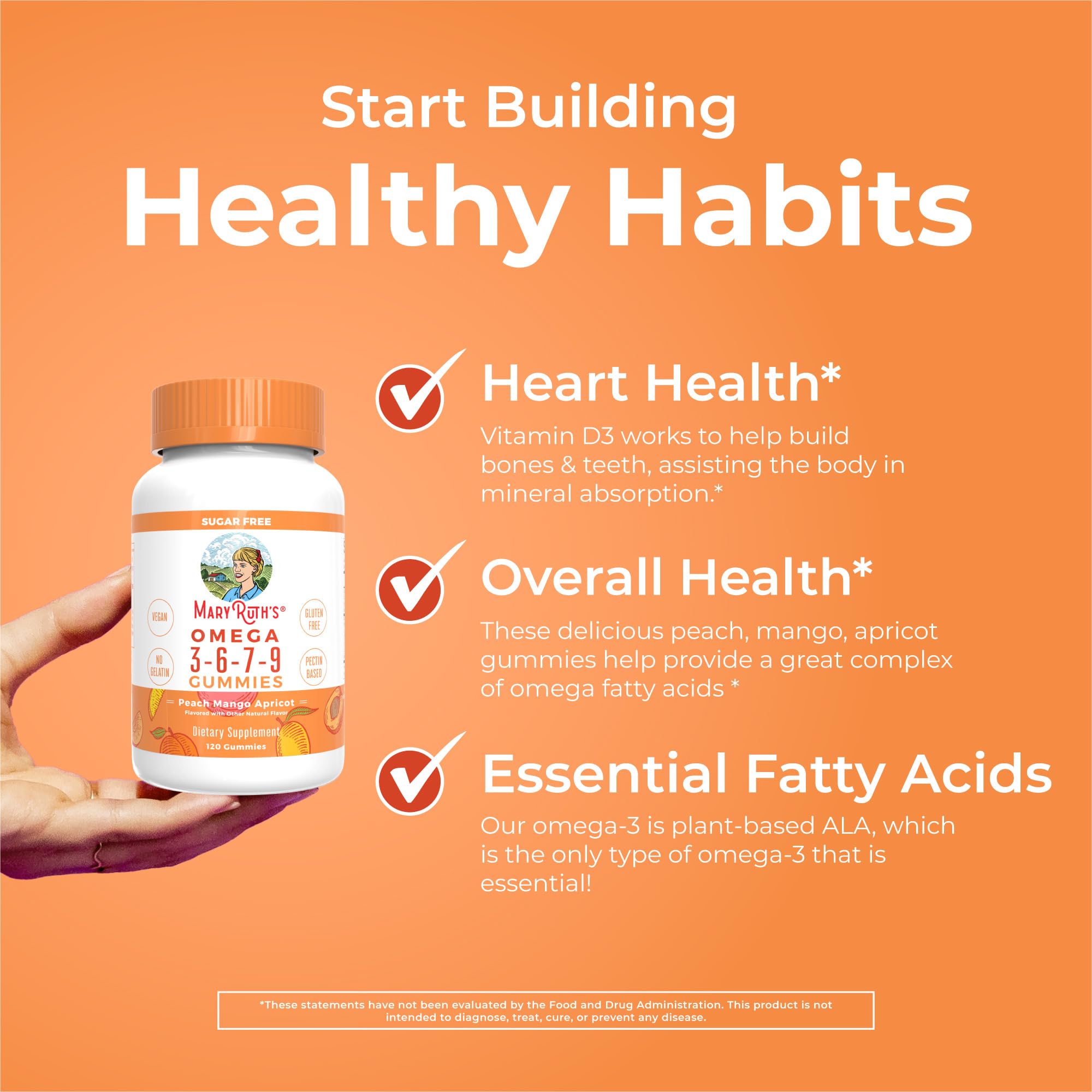 MaryRuth Organics Vegan Omega 3 6 7 9 Gummies | Up to 4 Month Supply | Omega 3 Supplement with Flaxseed Oil | Omega 3 Gummies | No Fish Taste | Non-GMO | 120 Count