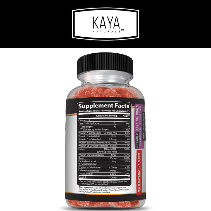 Kaya Naturals Adult Multi Vitamin Gummy, Biotin, Vitamin A, B-12, C & E, Including Zinc, Folic Acid, Strawberry Flavor - Gluten-Free Multivitamins Sweet Adult Gummies