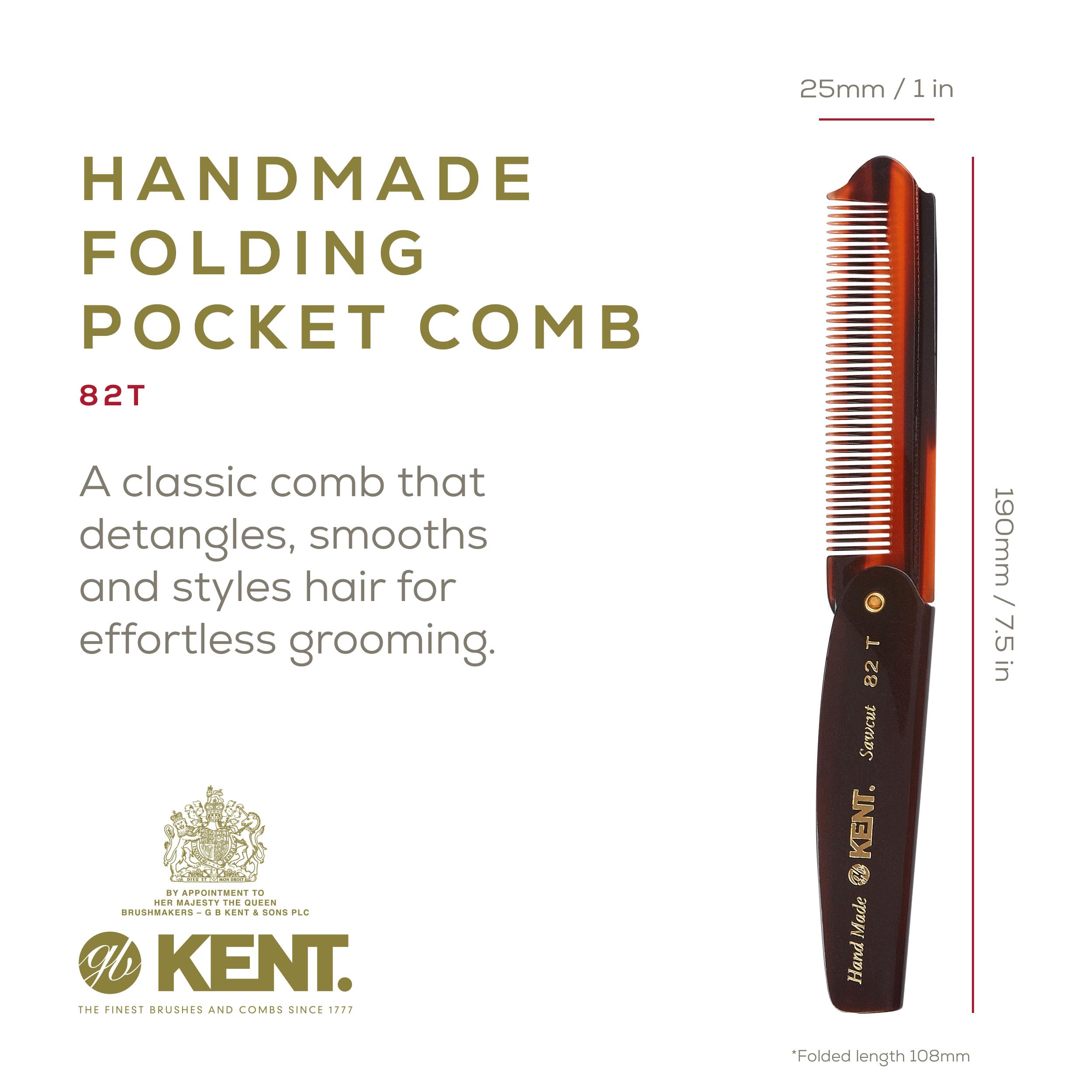 Kent Authentic Handmade Super fine Folding Comb, Dark Brown, 90mm