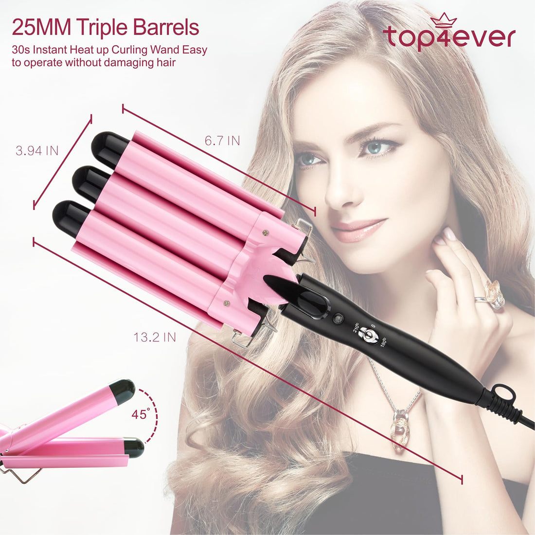 TOP4EVER 3 Barrel Curling Iron, 1 inch Crimper Hair Tool,Crimping Waver for Women Beach Waves with Two Temperature Settings, Pink