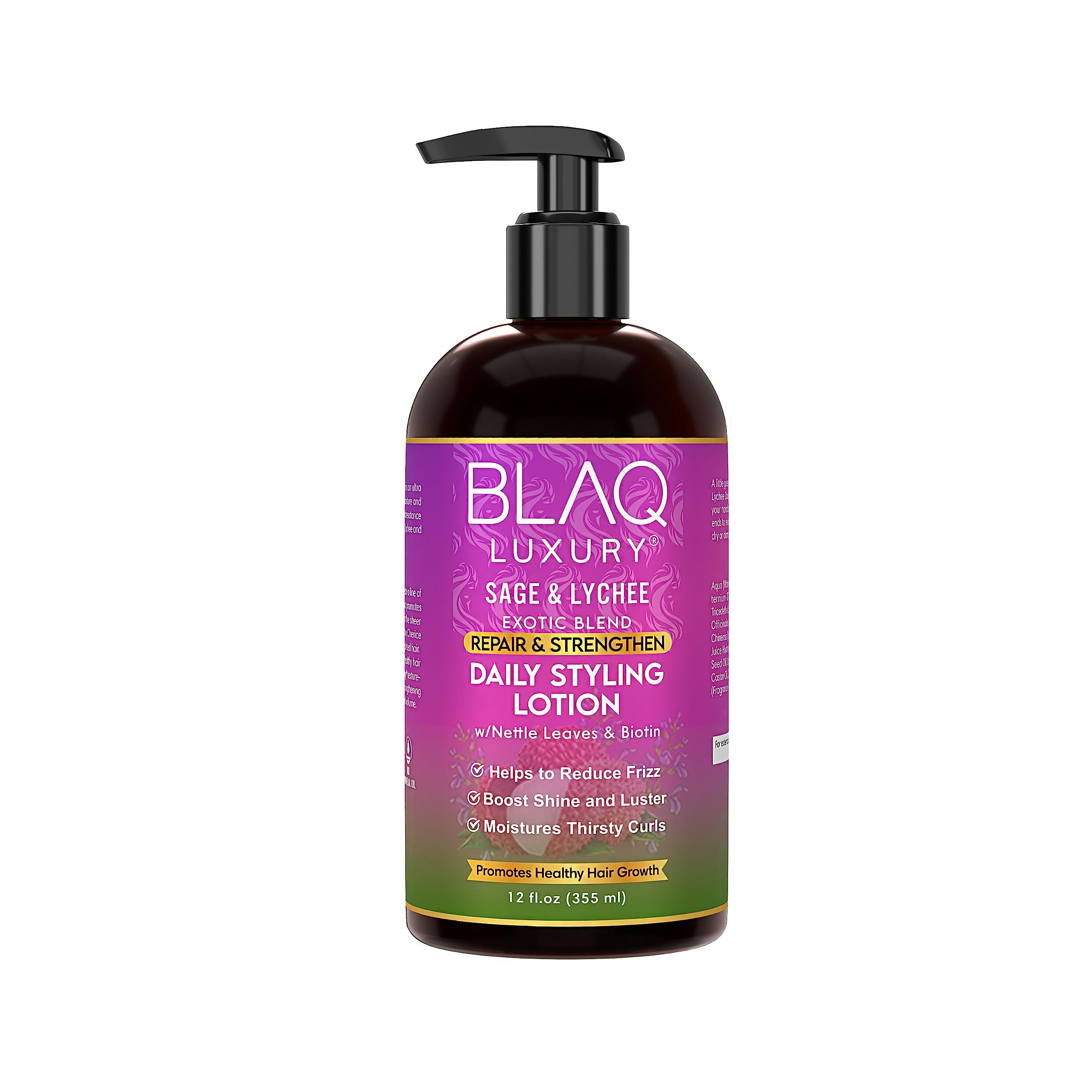 Blaq Luxury Sage & Lychee Wash and Style Gift Bundle with Biotin and Nettle | Strengthening Shampoo, Conditioner, Hair Masque, Daily Styling Lotion and Strong Hold Styler Gel