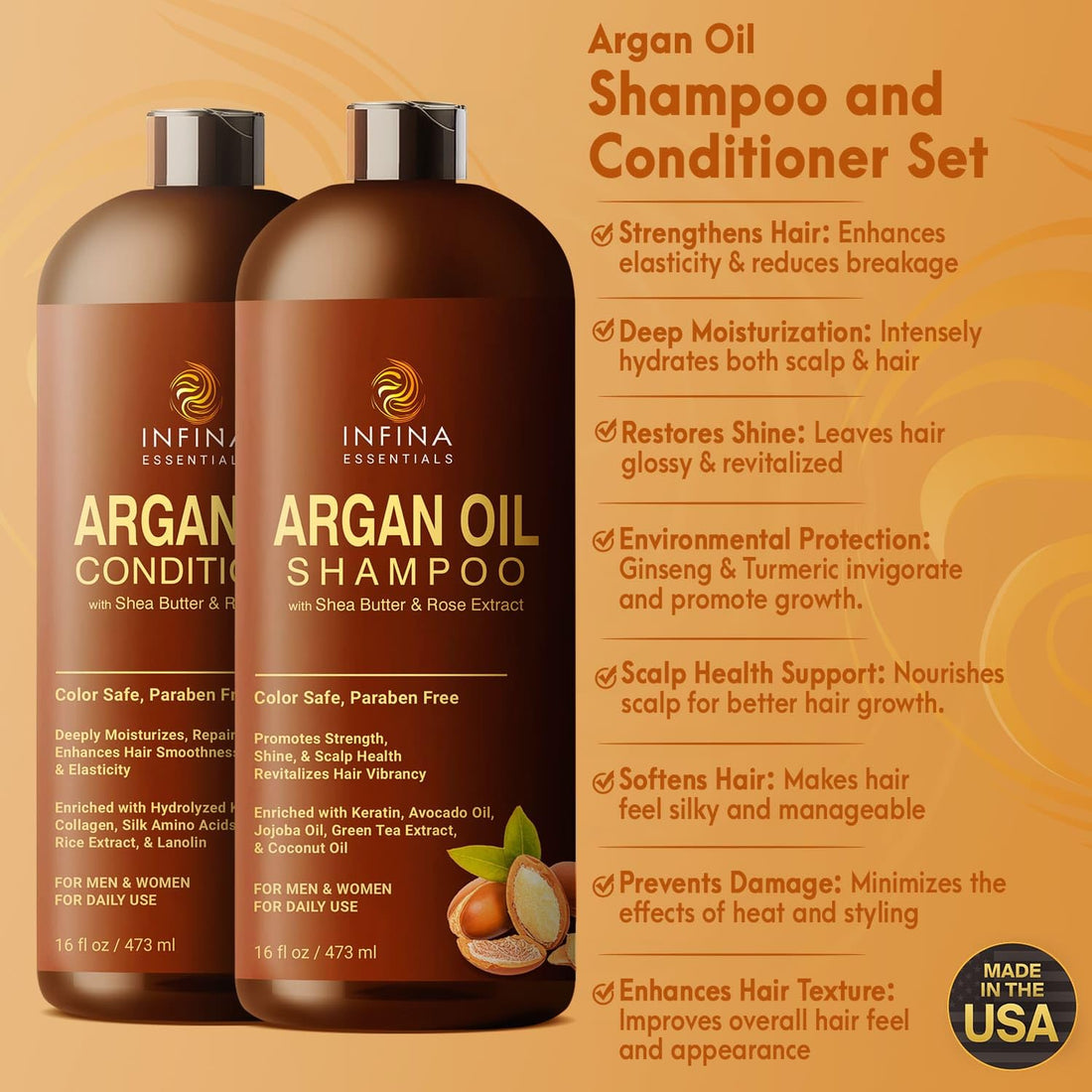 Argan Oil Shampoo and Conditioner Set for Men and Women - Hydrating and Nourishing Sulfate Free Shampoo Conditioner Set for All Hair Types - Hydrating and Nourishing Daily Hair Care - 16 fl oz Each