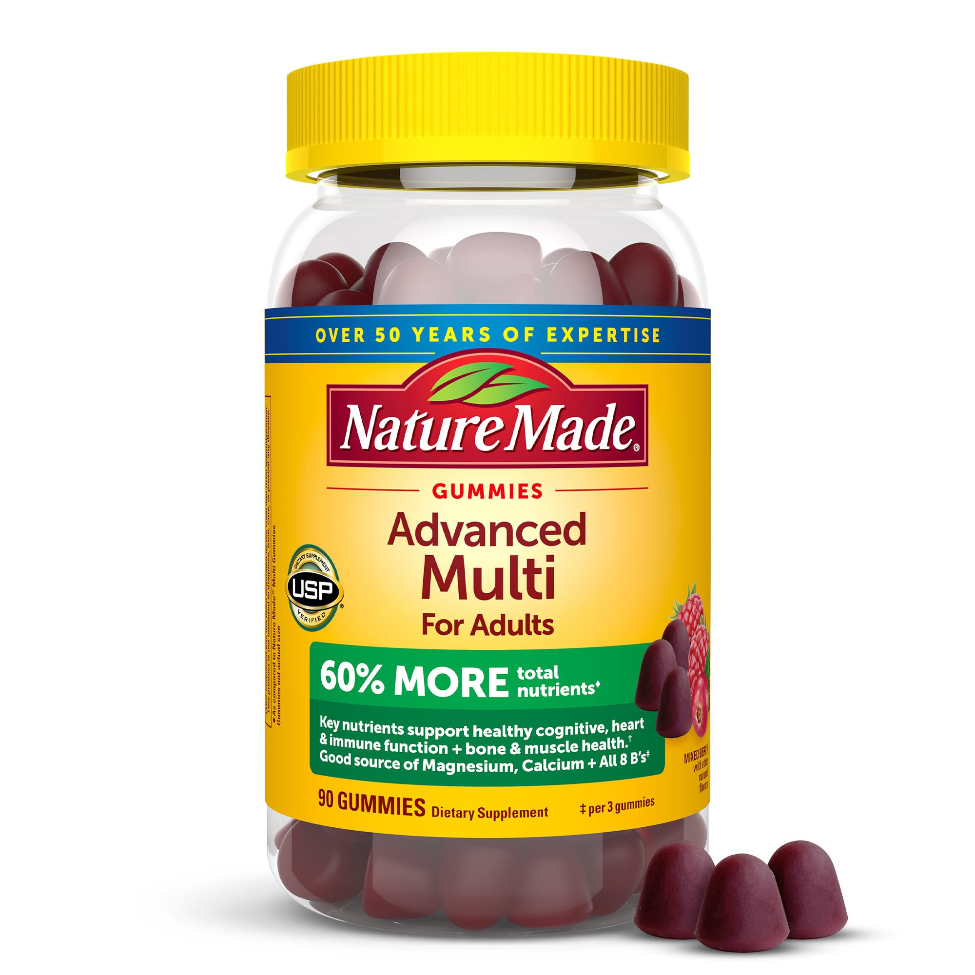 Nature Made Advanced Multivitamin Gummies for Adults with Magnesium Citrate, Calcium & All 8 B Vitamins, Daily Nutritional Support, 90 Gummies, 30 Day Supply
