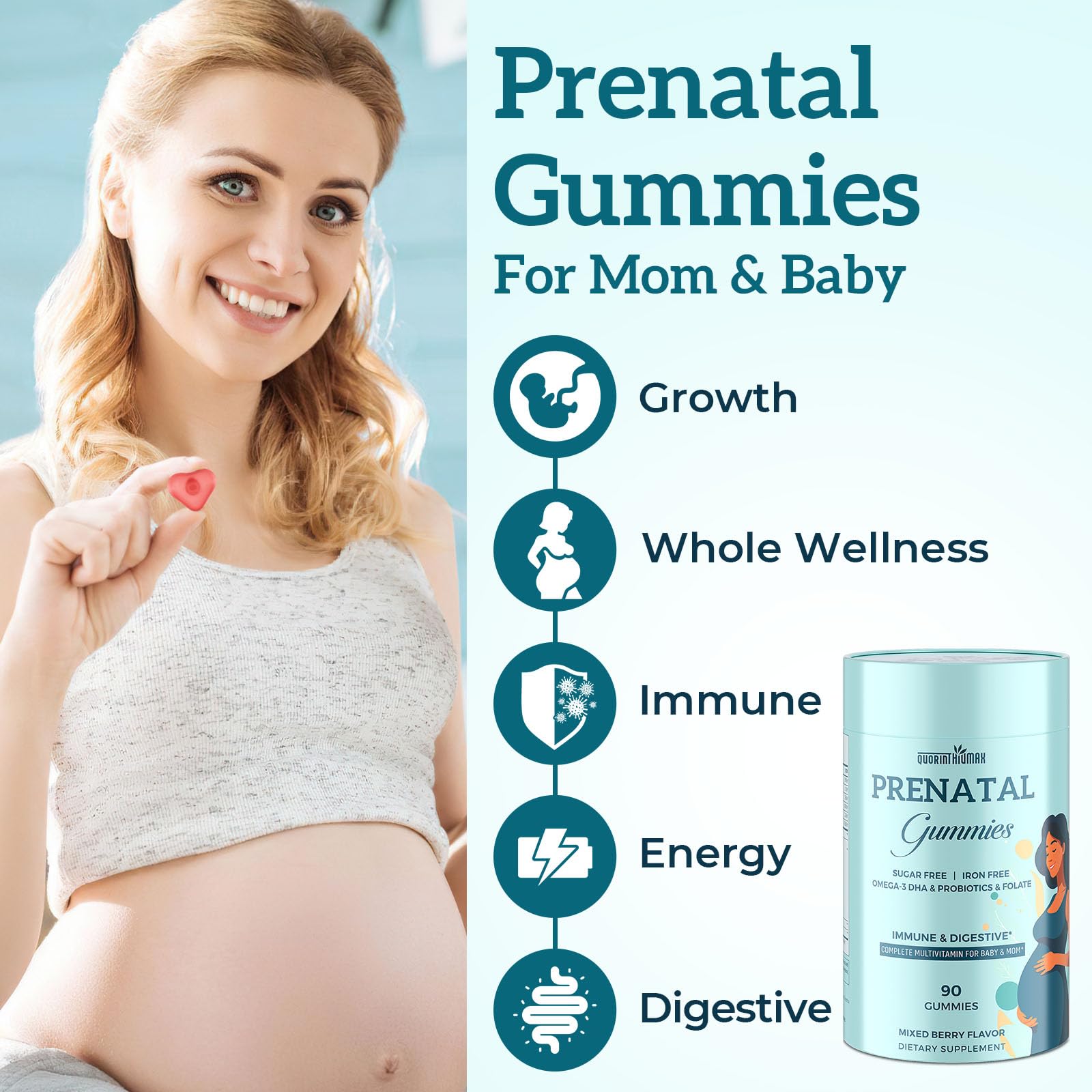 Quorinthiumax Prenatal Gummies Sugar Free 180 Count - Organics Prenatal Vitamins for Women with Folate, DHA & Probiotics - Iron Free Prenatal Vitamin Gummies for Immune & Digestive - 2 Bottles
