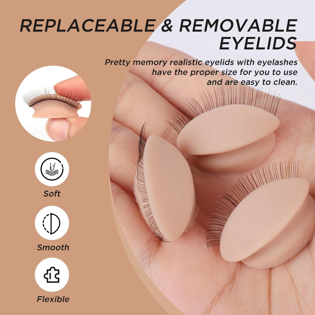 BEYELIAN Lash Mannequin Head Replaced Eyelids,Eyelash Extension Practice Head Kit, Training Mannequin Head with 4 Pairs Removable Eyelids, Natural Color Realistic Soft-Touch