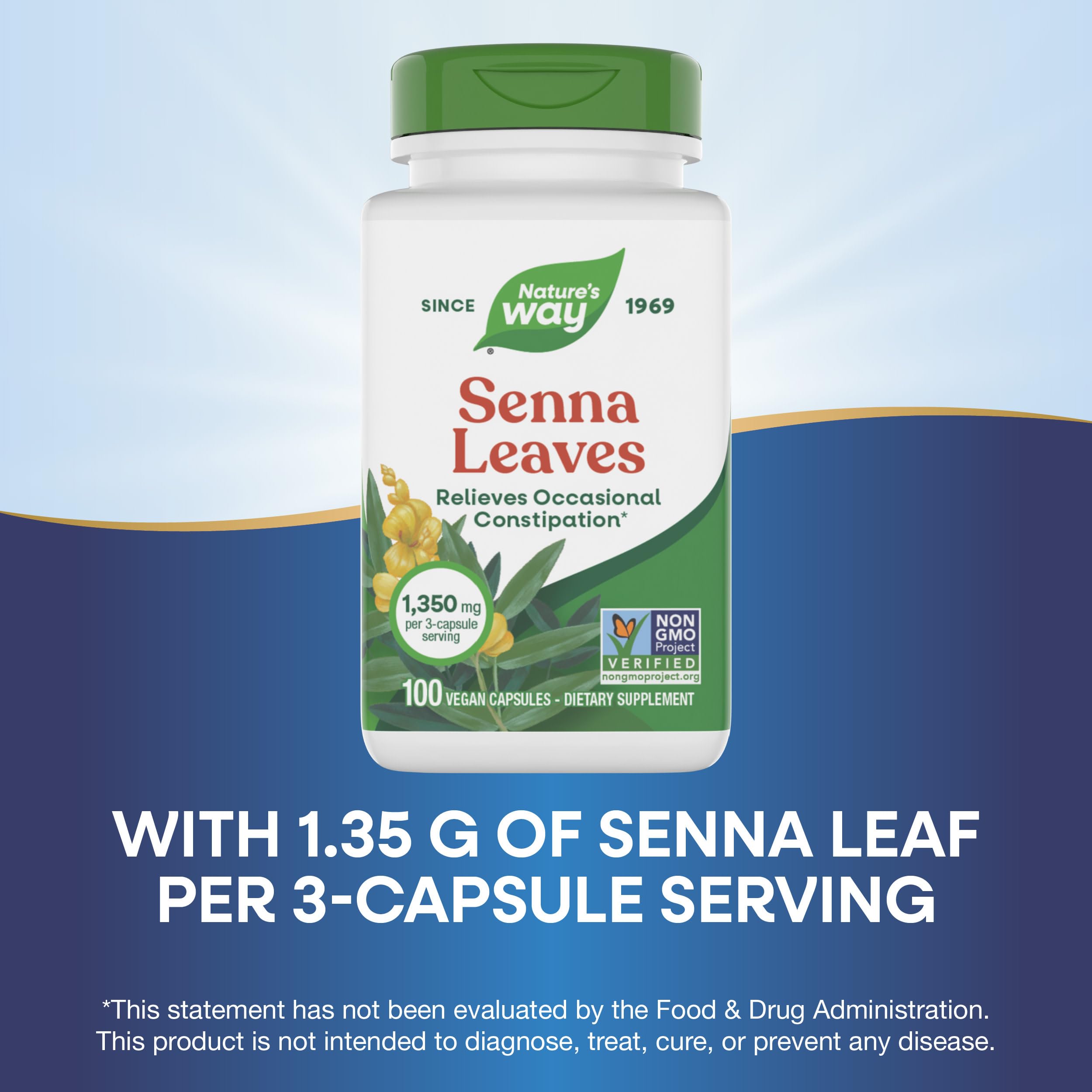 Nature's Way Senna Leaves, Relieves Occasional Constipation*, 1,350 mg per 3-Capsule Serving, Non-GMO Project Verified, 100 Capsules (Packaging May Vary)