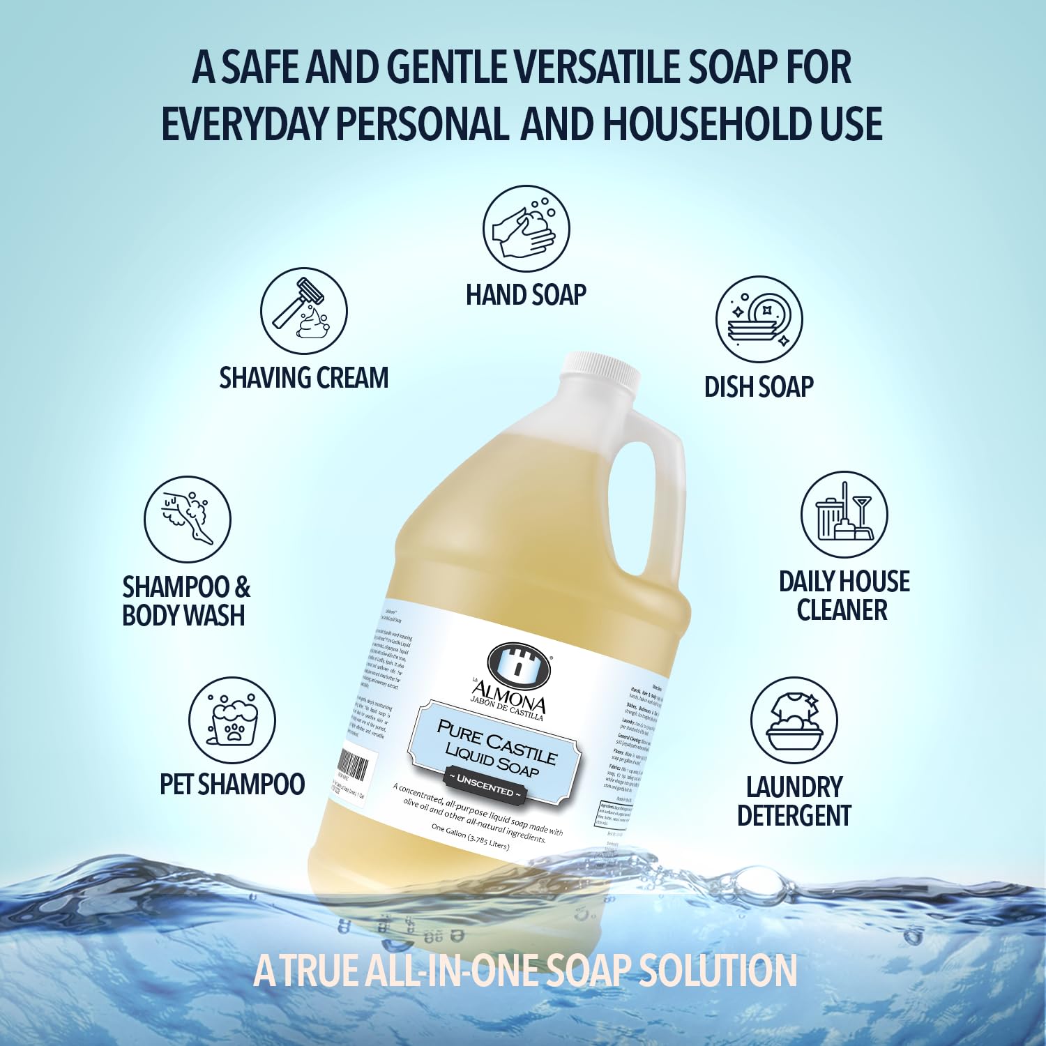 La Almona - Pure Castile Liquid Soap, UNSCENTED, 1 Gallon - Multipurpose: Hands, Face, Body, Laundry, Dishes & More - For Sensitive Skin, All-Natural Ingredients, Fragrance Free