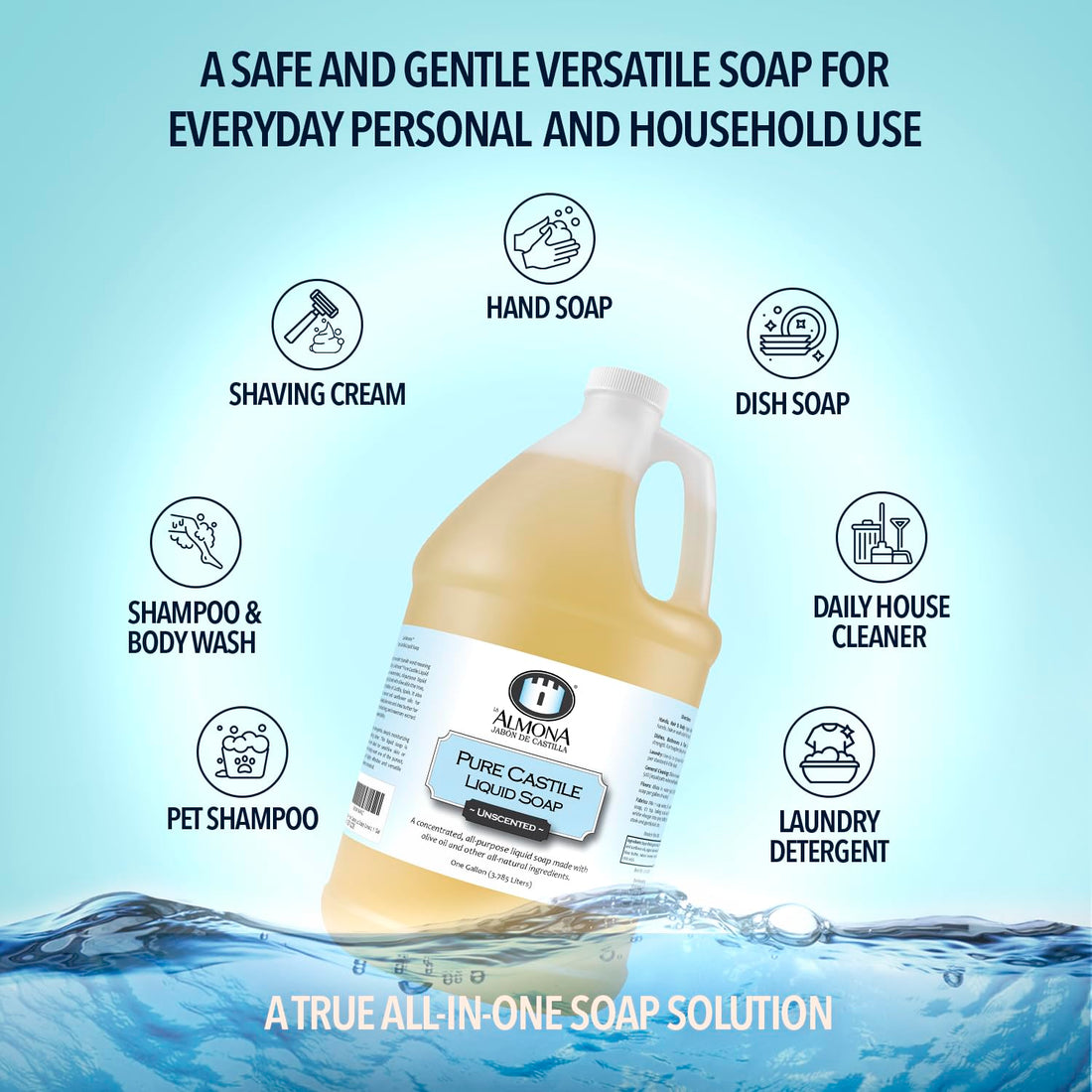 La Almona - Pure Castile Liquid Soap, UNSCENTED, 1 Gallon - Multipurpose: Hands, Face, Body, Laundry, Dishes & More - For Sensitive Skin, All-Natural Ingredients, Fragrance Free