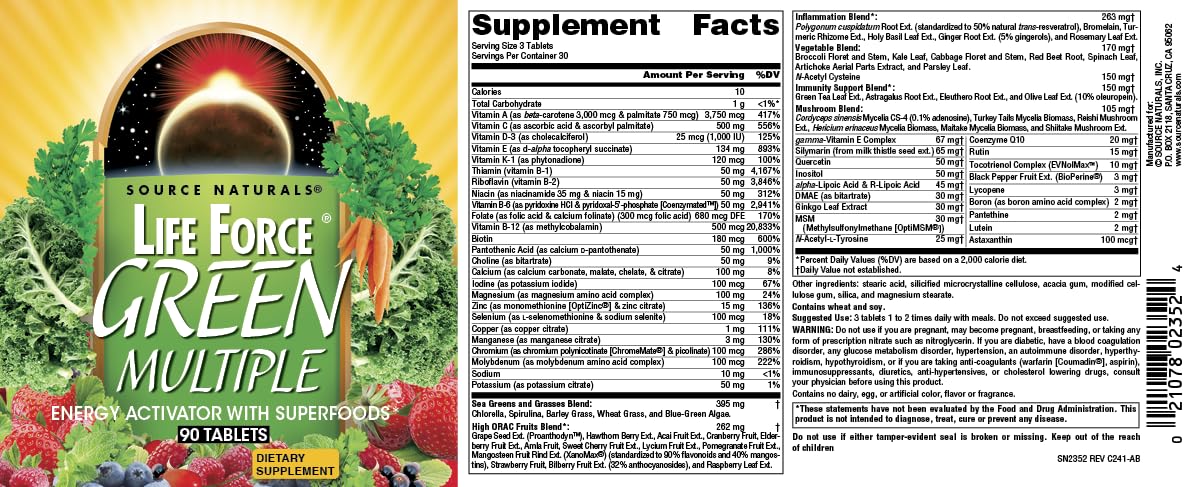 Source Naturals Life Force Green Multiple, Energy Activator with Superfoods* - 90 Tablets