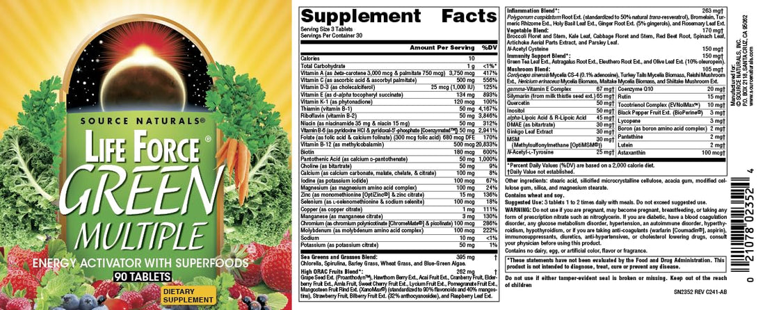 Source Naturals Life Force Green Multiple, Energy Activator with Superfoods* - 90 Tablets