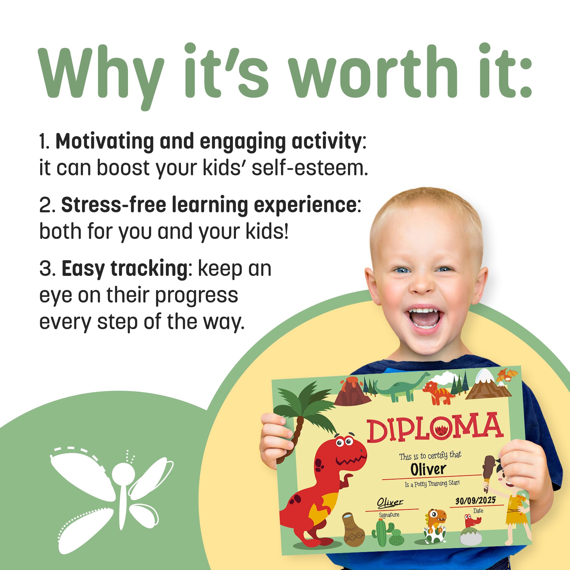 Potty Training Chart for Toddlers, Dinosaur Design Reward Chart - 194 Cool Stickers, 2 Fun Crowns, Motivational Certificate, Bonus Instruction Cards, Booklet & Erasable Pen for Boys and Girls