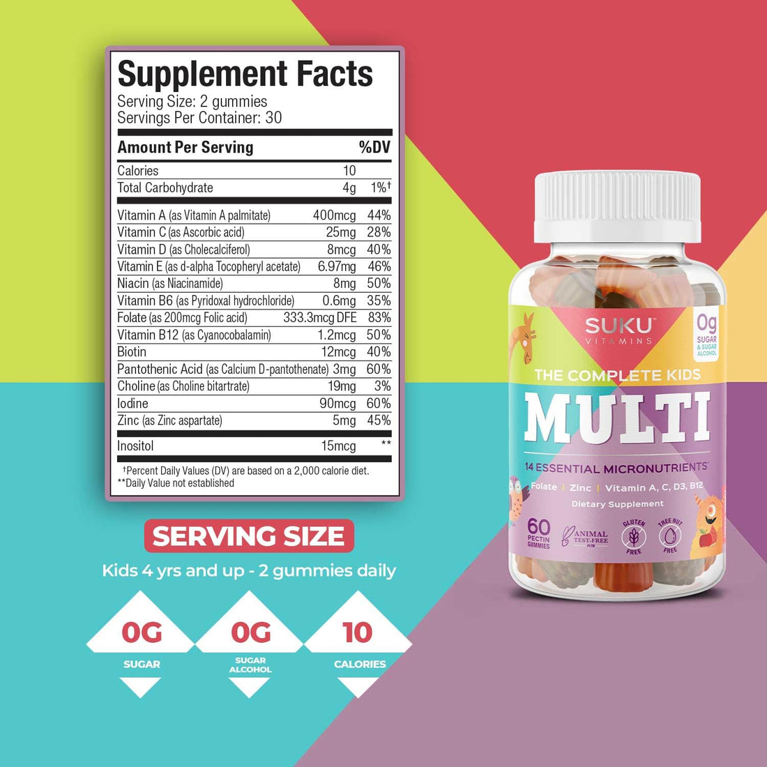 SUKU Vitamins - The Complete Kids Multi - Vitamin A, Folate, Zinc Gummies for Immunity Support -Easy to Chew- NonGMO, Allergen Gluten Sugar Free - Tropical Bonanza Flavored Gummy Vitamins - 60 Count