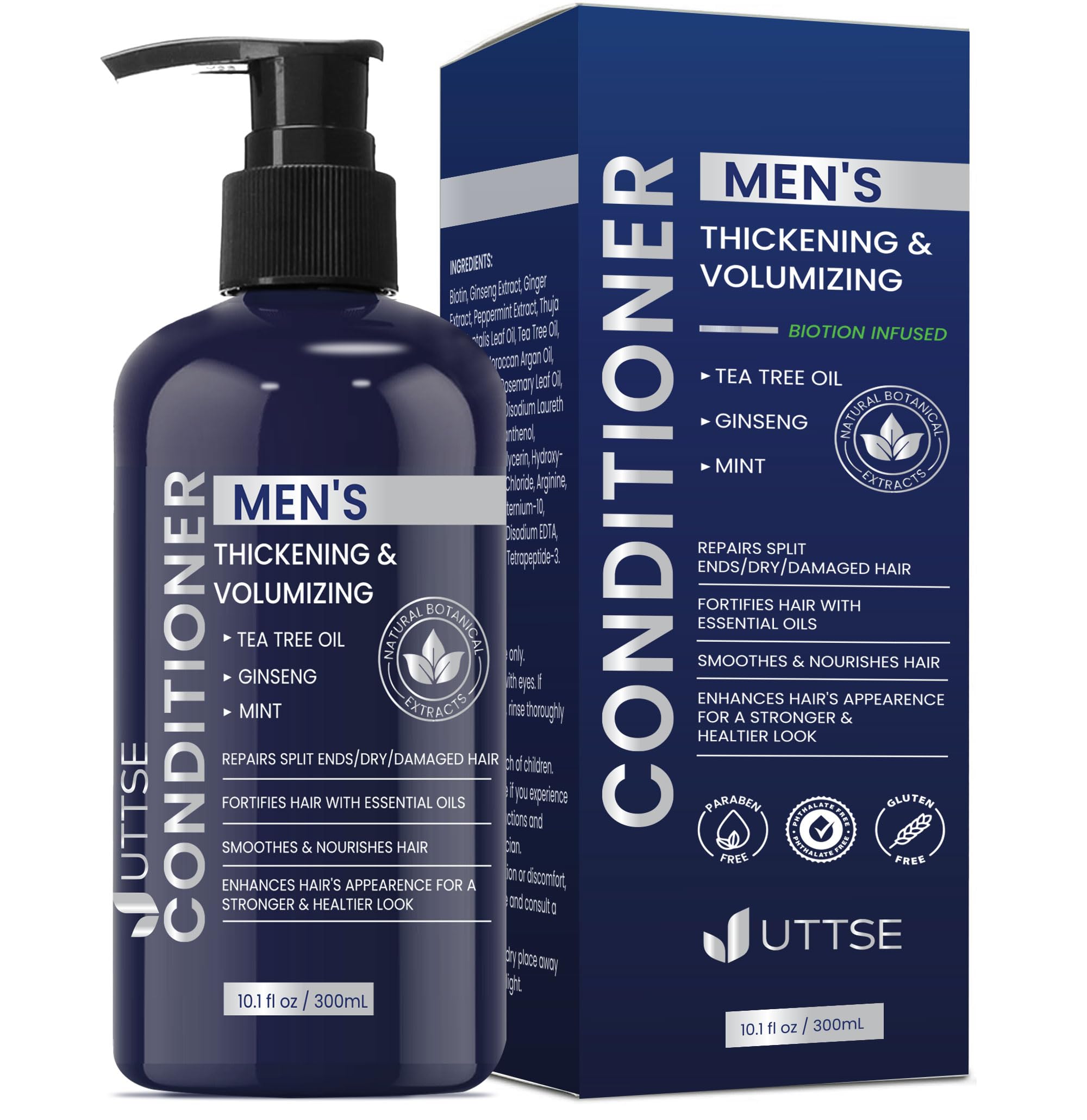 Uttse Biotin Hair Growth Conditioner for Men: Natural Thickening and Volumizing Conditioner with Tea Tree Oil Ginseng Mint for Hair Loss and Thinning Hair - 10.1 fl.oz, Dark Blue