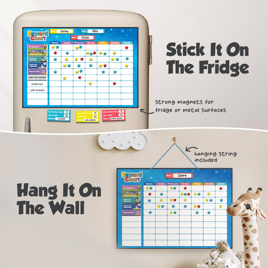 inamio Magnetic Kids Responsibility Reward Chart - Engaging 3D Stars & Chore Tasks - Behavior Chart for Home & School - Ideal for Ages 3-9, Multiple Kids