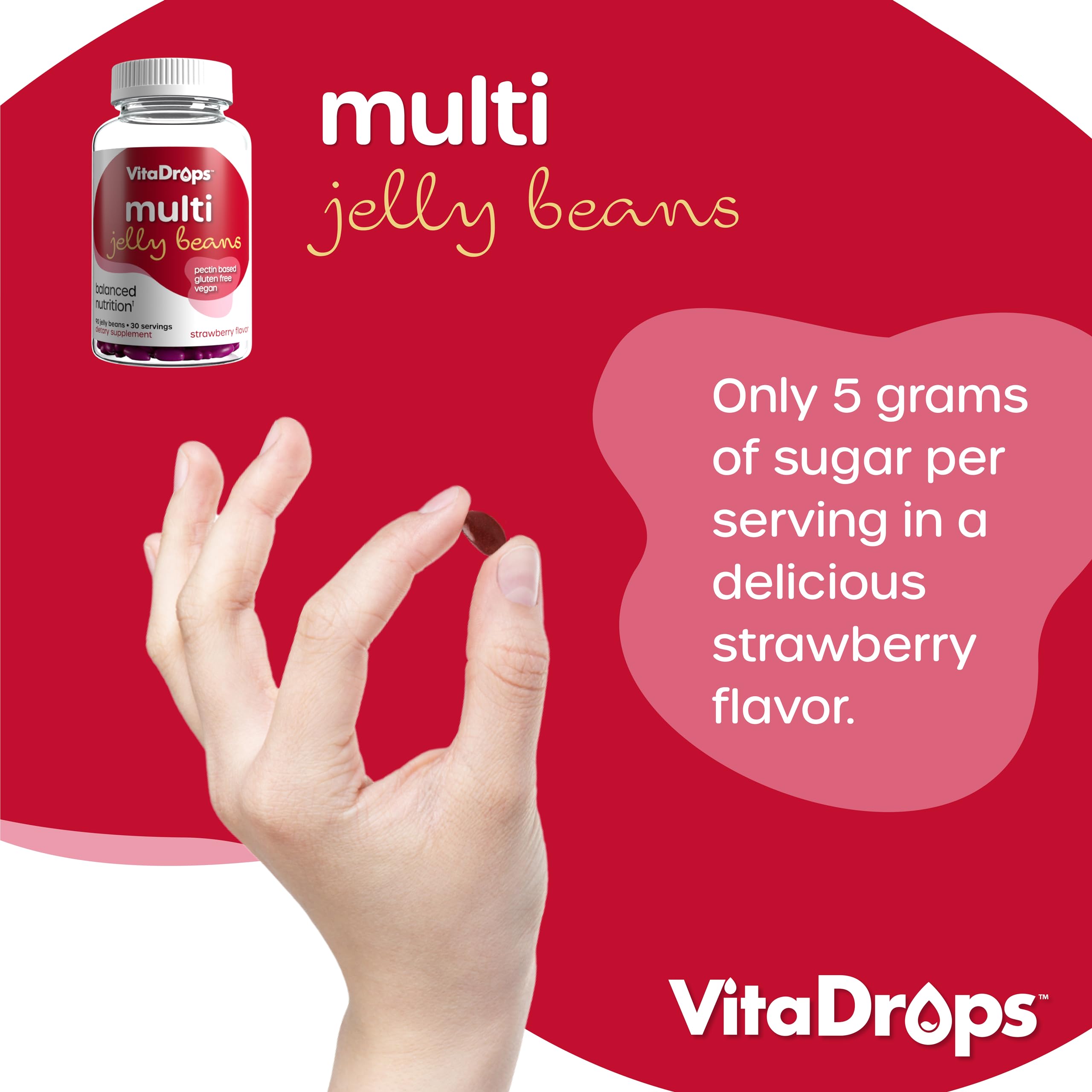 VitaDrops Multivitamin Jelly Beans, Women & Men, Source of Vitamin A C D E B-3 B-6 & Biotin, Supports Immune System, Pectin Based, Vegan & Gluten Free, Strawberry Flavor, 90 Jelly Beans, 30 Servings