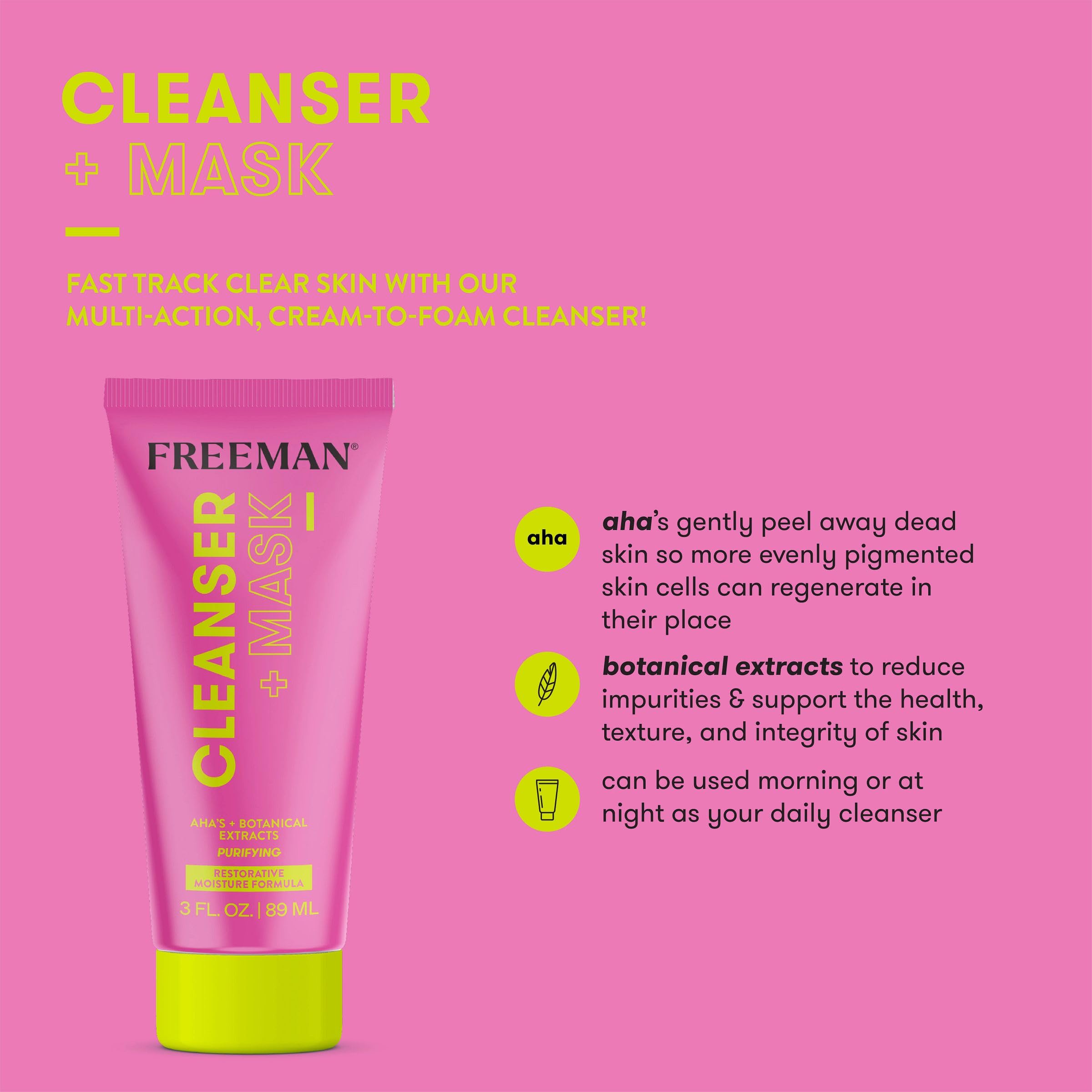 Freeman Cleanser + Mask, Moisturizing & Purifying Cream-To-Foam Face Wash, Multipurpose Skincare, Face Cleanser & Face Mask, AHA's & Botanical Extracts Facial Mask, 3 fl.oz./ 89 mL Tube, 1 Count