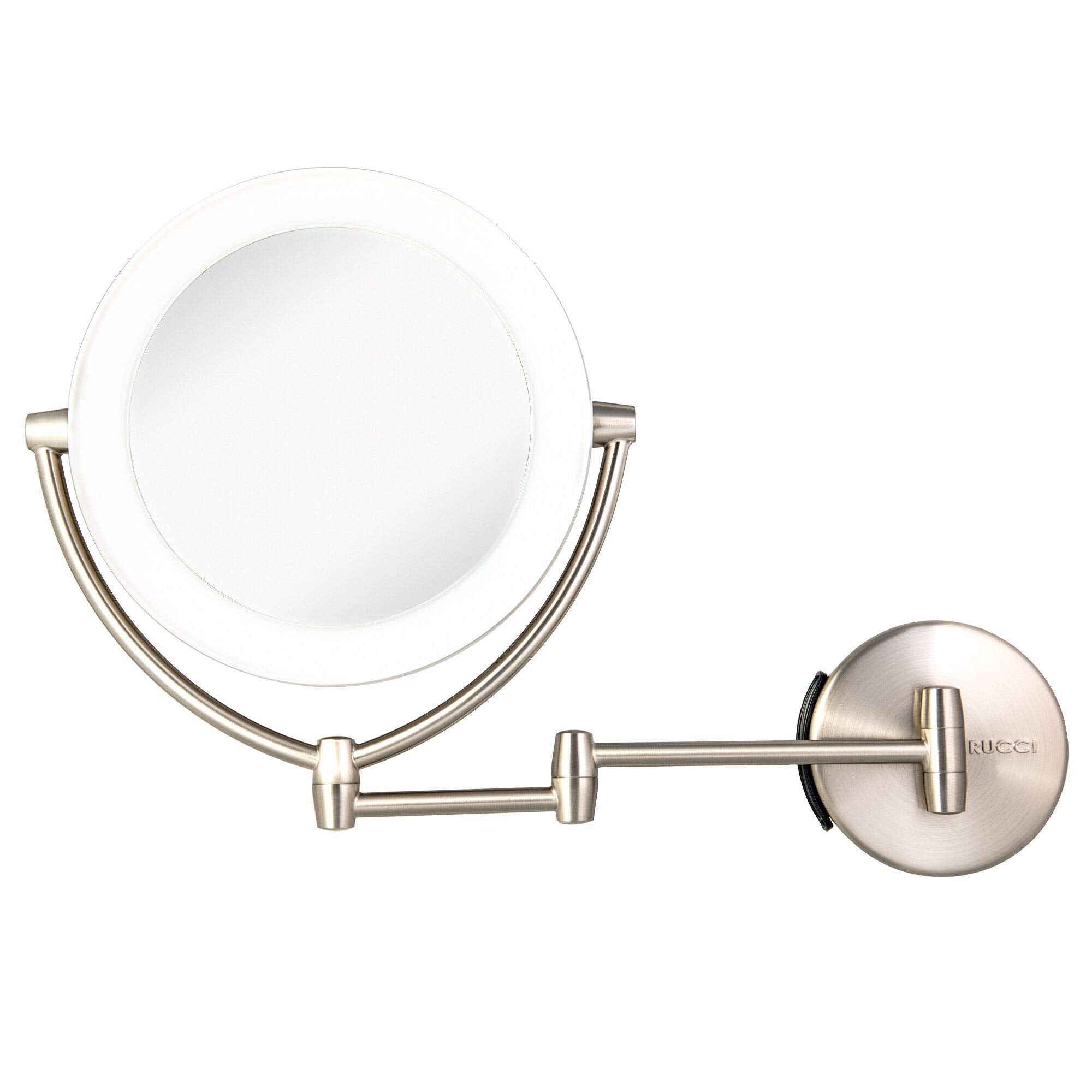 Wall Mount LED Lighted Makeup Mirror, AC Adapter, Battery Operated, 1x/10 Magnification, 3 Touch Tones 17.5ââ‚¬Â Extended by Rucci