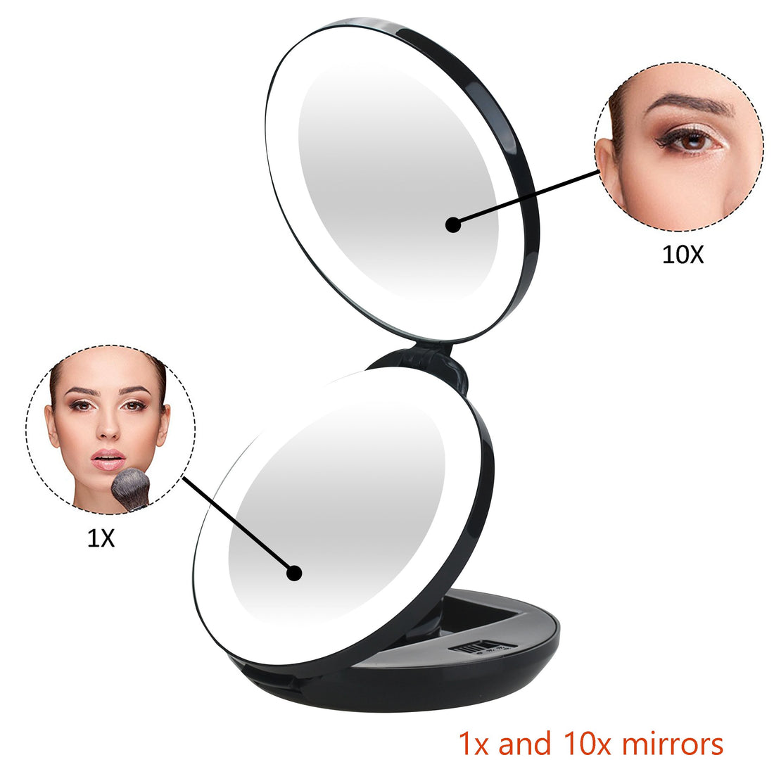VrHere MirriM LED Lighted Travel Makeup Magnifying Mirror,Magnifies 10x and 1x, Luxury Double Side and Folding Pocket Vanity/Cosmetic Mirror (Black)