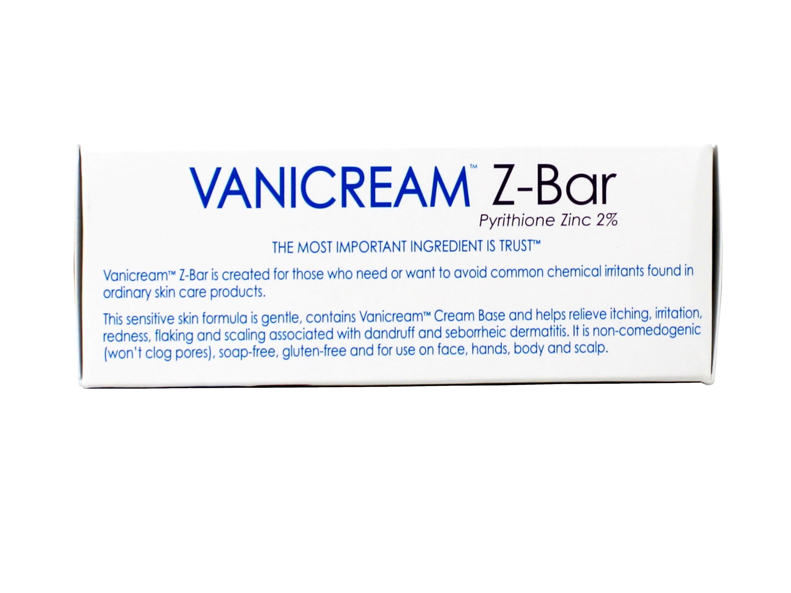 Vanicream Z-Bar Medicated Cleansing Bar, Pyrithione Zinc 2% for Seborrheic Dermatitis & Dandruff, Soap-Free, Gluten-Free, 3.5 oz (Pack of 3)