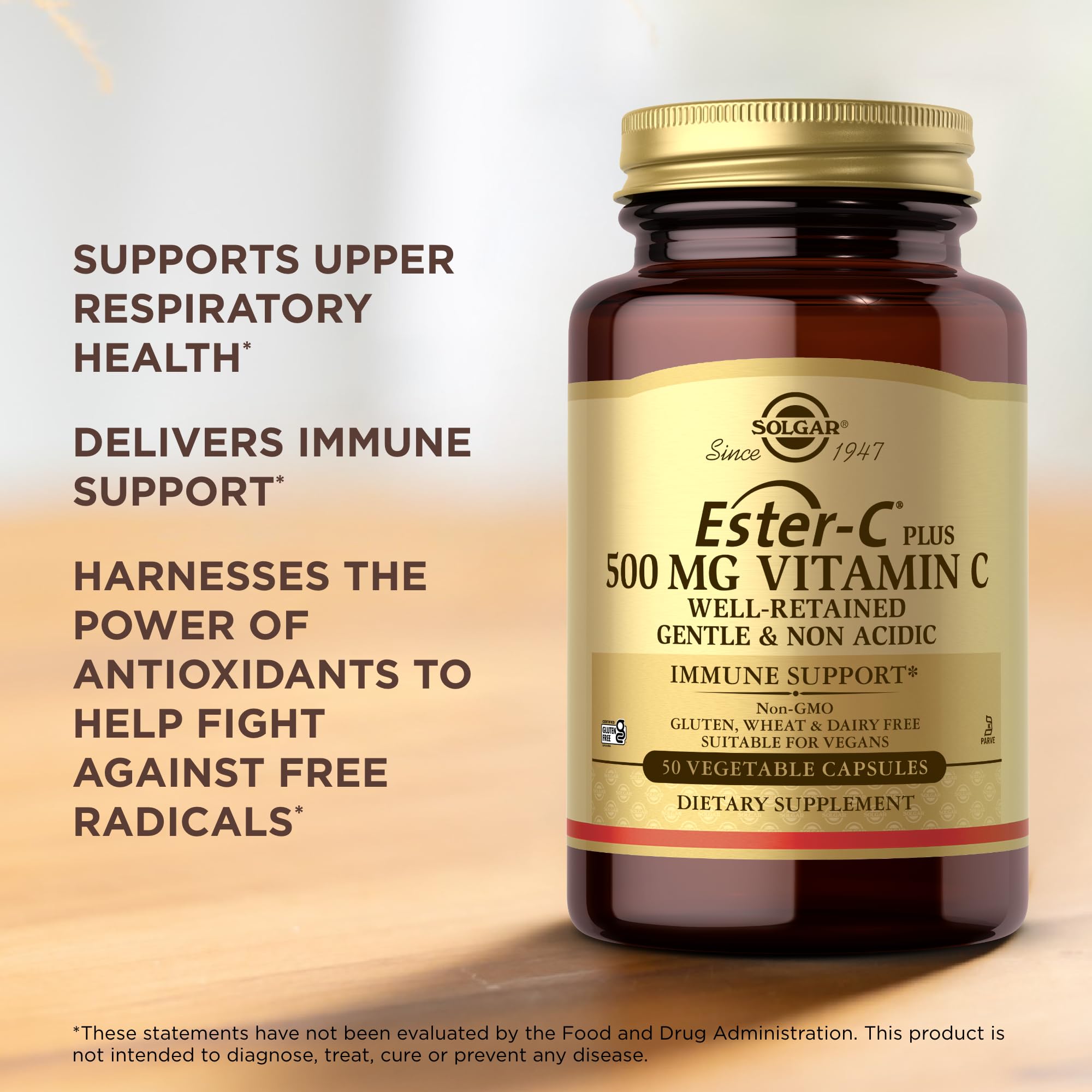 Solgar Ester-C Plus 500 mg Vitamin C (Ascorbate Complex) - 50 Vegetable Capsules - Gentle & Non Acidic - Antioxidant & Immune Support - Non GMO, Vegan, Gluten Free, Kosher - 50 Servings