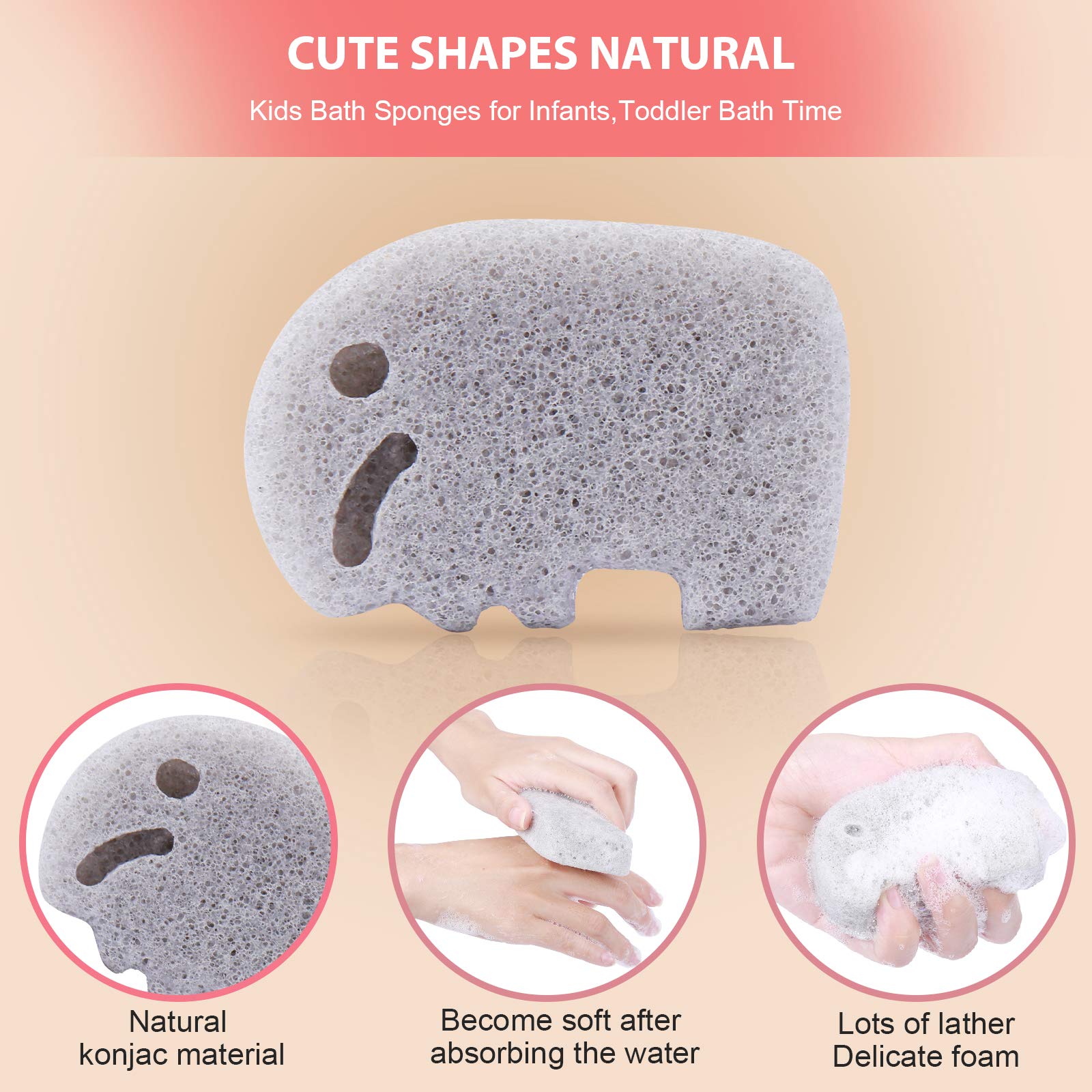 KECUCO Konjac Baby Sponge for Bathing, Kids Bath Sponges for Infants, Toddler Bath Time, Cute Shapes and Safe Plant-Based Konjac Baby Bath Accessories, 5pcs