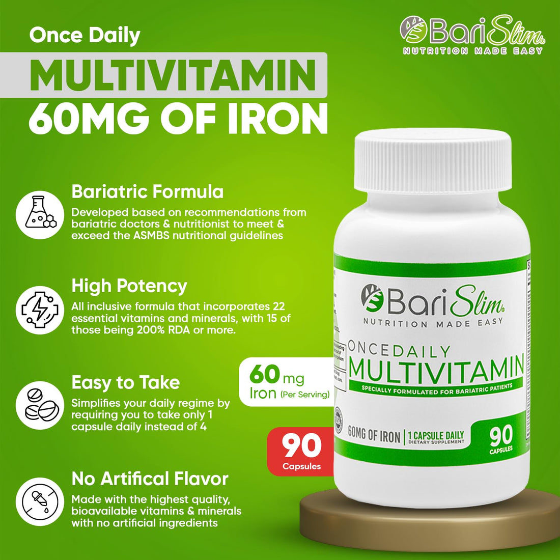 BariSlim Once Daily Bariatric Multivitamin Capsule - 60mg of Iron - Bariatric Vitamin & Supplement for Post Bariatric Surgery Including Gastric Bypass & Gastric Sleeve | 90 Day Supply