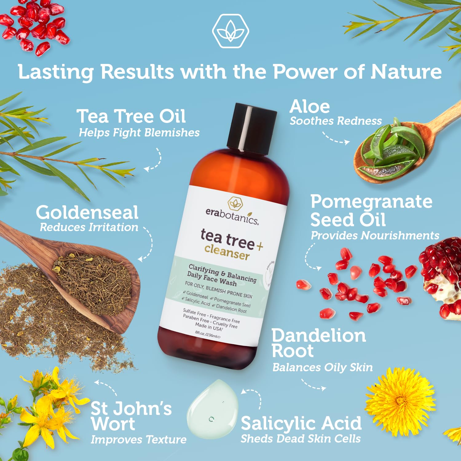 Tea Tree Oil Face Cleanser & Body Wash for Dry, Oily, Acne Prone Skin & Rosacea 8oz Natural & Organic Facial Wash to Moisturize, Nourish, Soothe Redness & Inflammation