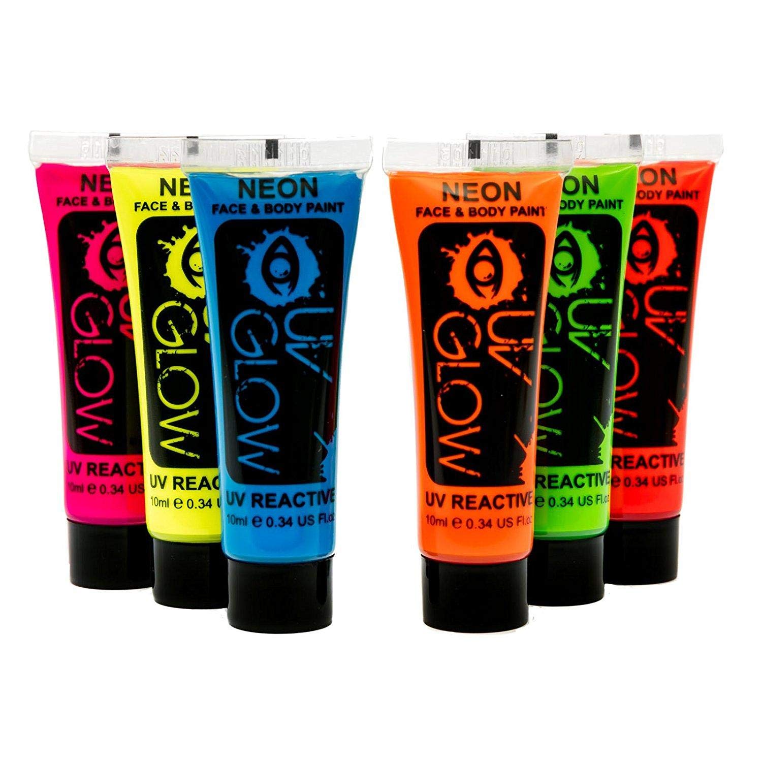 UV Glow Neon Face and Body Paint 10ml - Set of 6 Tubes - Fluorescent