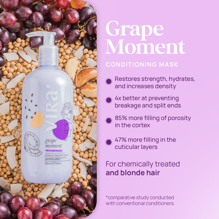 VIRÁ Brazilian Shampoo and Conditioner Set, Parabens Free, Damage Repair & Reconstruction, Anti-Frizz, Color Treated Hair, Triple Hydration, Grape Moment 17.6 Fl Oz Each