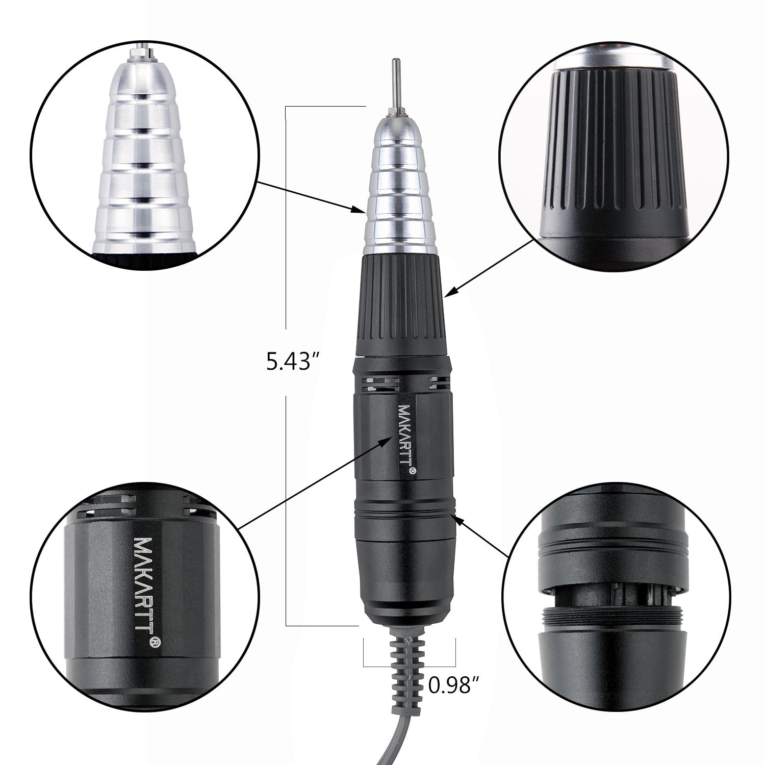 Makartt 30000RPM Up200 Nail Drill Handpiece 3 Pins Professional E File for Gel Nail Drill Bit Black