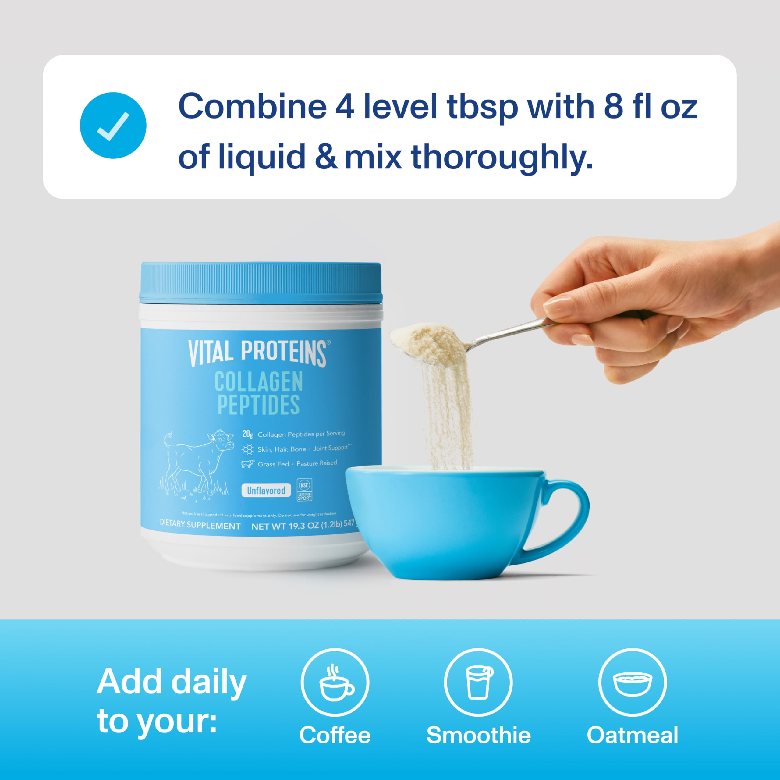 Vital Proteins Grass Fed Collagen Peptides Powder, Supports Hair, Skin, Nails, Bones, and Joints Health, Hydrolyzed Peptides - Zero Sugar, Unflavored, 19.3oz