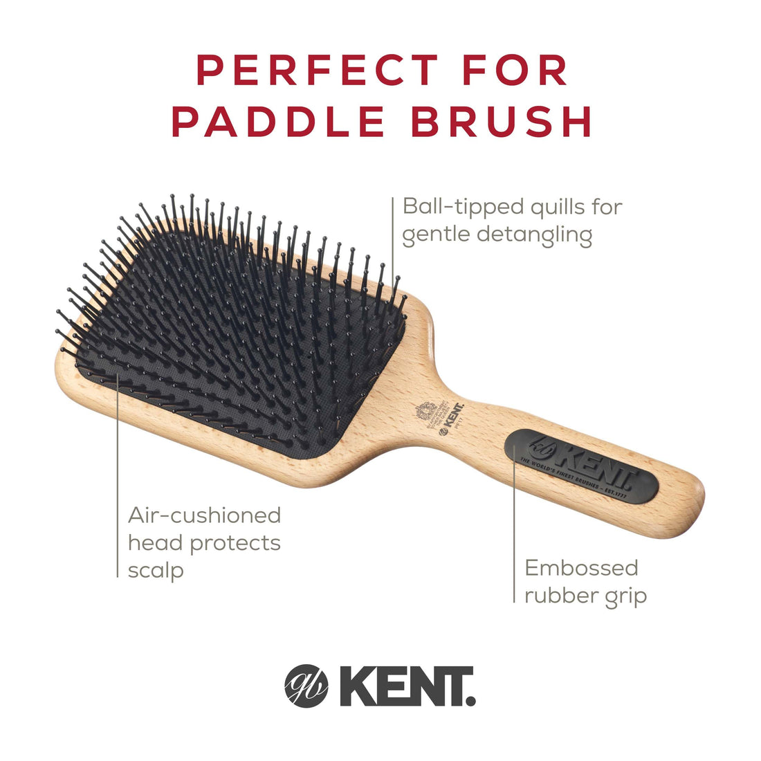 Kent PF17 Large Cushion Paddle Brush, Taming Fine Pins Hair - Detangling Long, Thick, Curly Hair, Scalp Massager, Growth Stimulator. Wet or Dry Use. Made in England