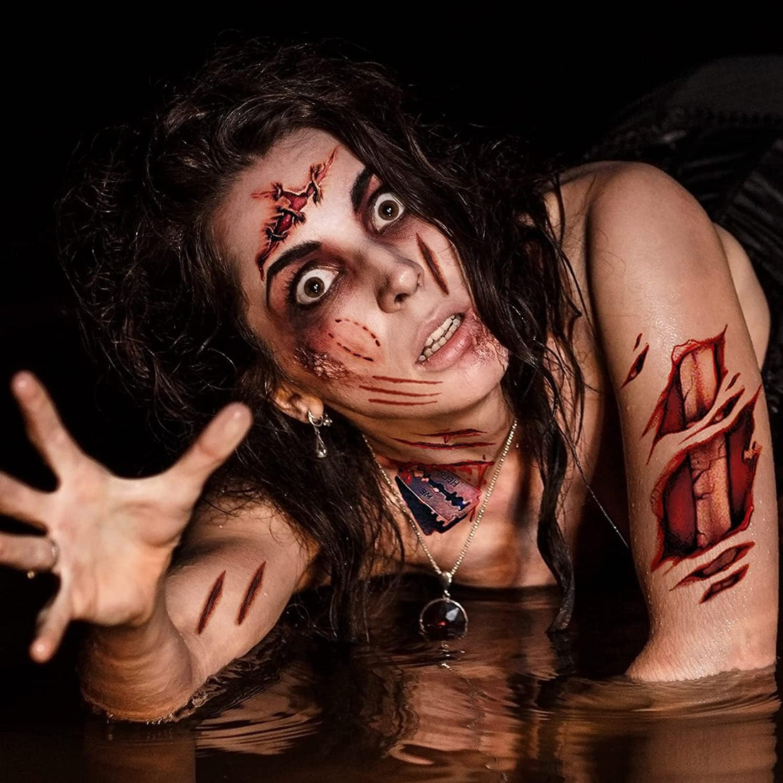 double ideal Halloween Temporary Face Tattoo Sticker 3D Zombie Scar Fake Bloody Wound for Cosplay Party Masquerade Prank Prop Decorations, Waterproof Sweatproof Makeup for Women Man Kids (10sheets)